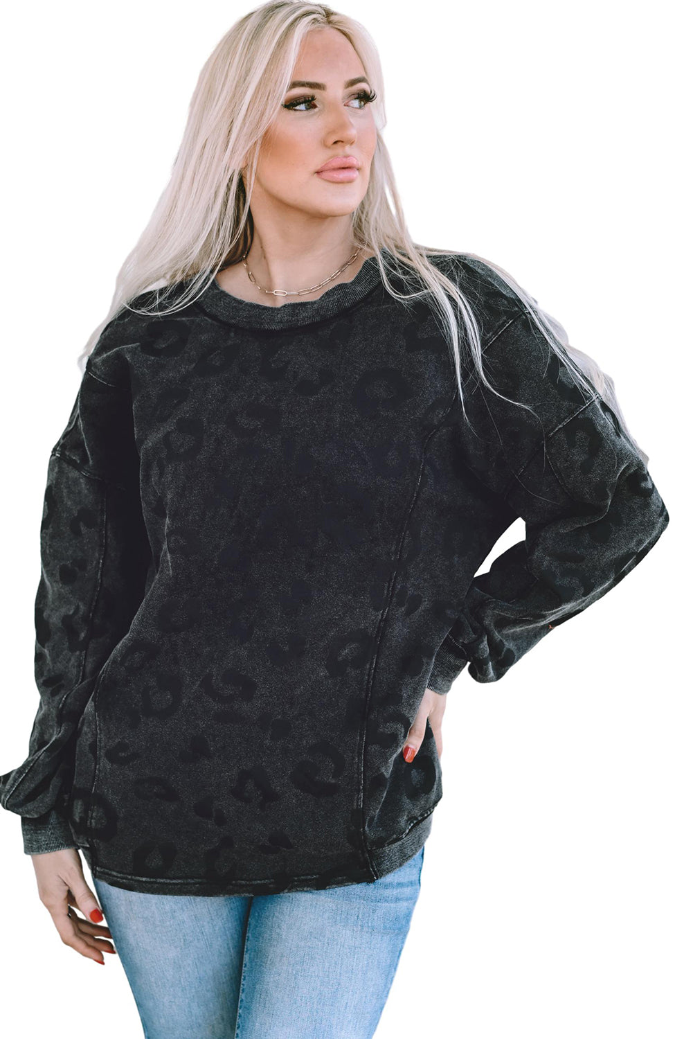 Sweat-shirt ample à imprimé léopard gris carbone