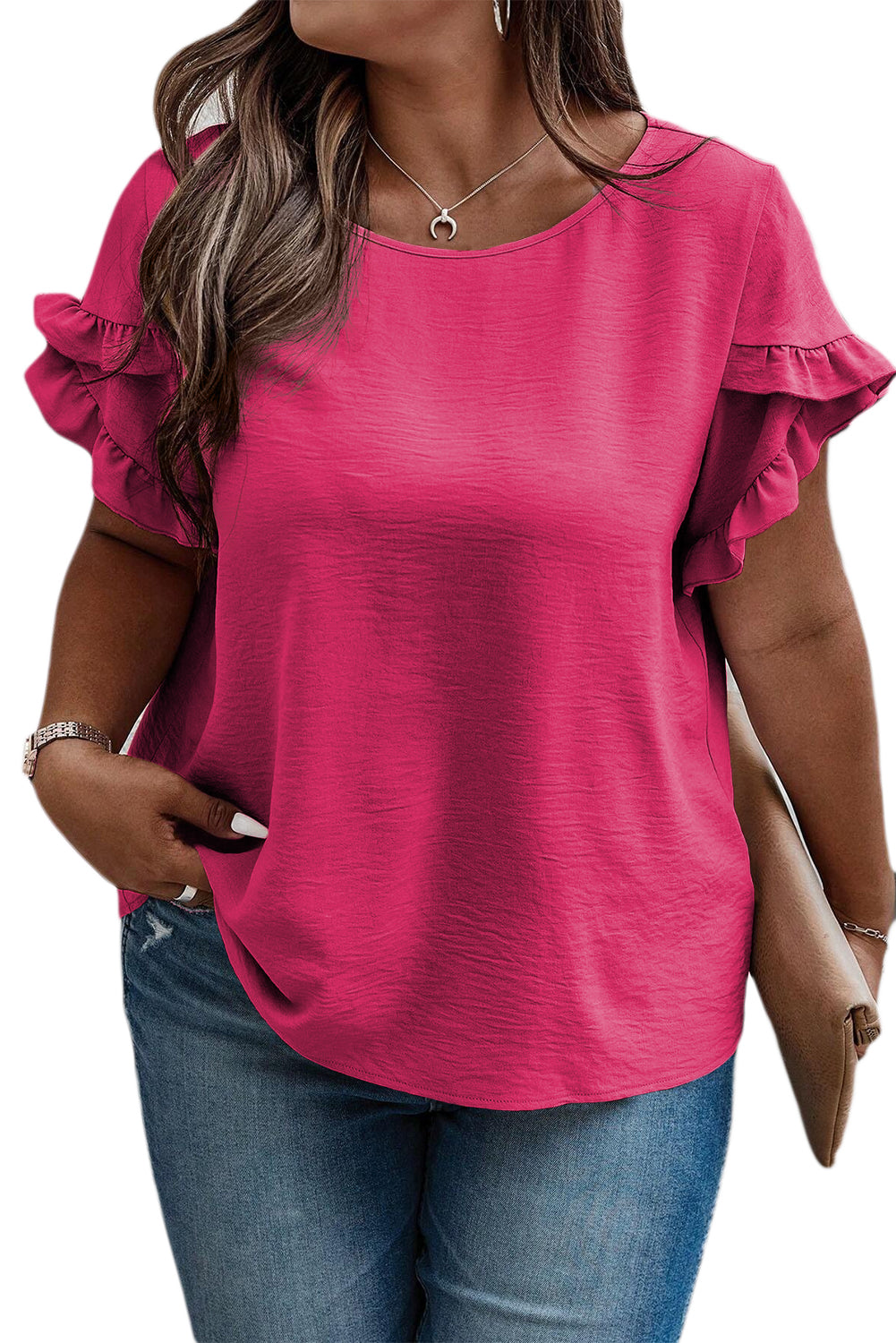 Svijetlo ružičasta majica s naborima kratkih rukava veće veličine