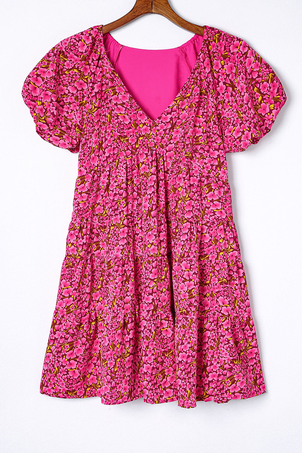 Babydoll mini haljina s puf rukavima i cvjetnim printom ruža