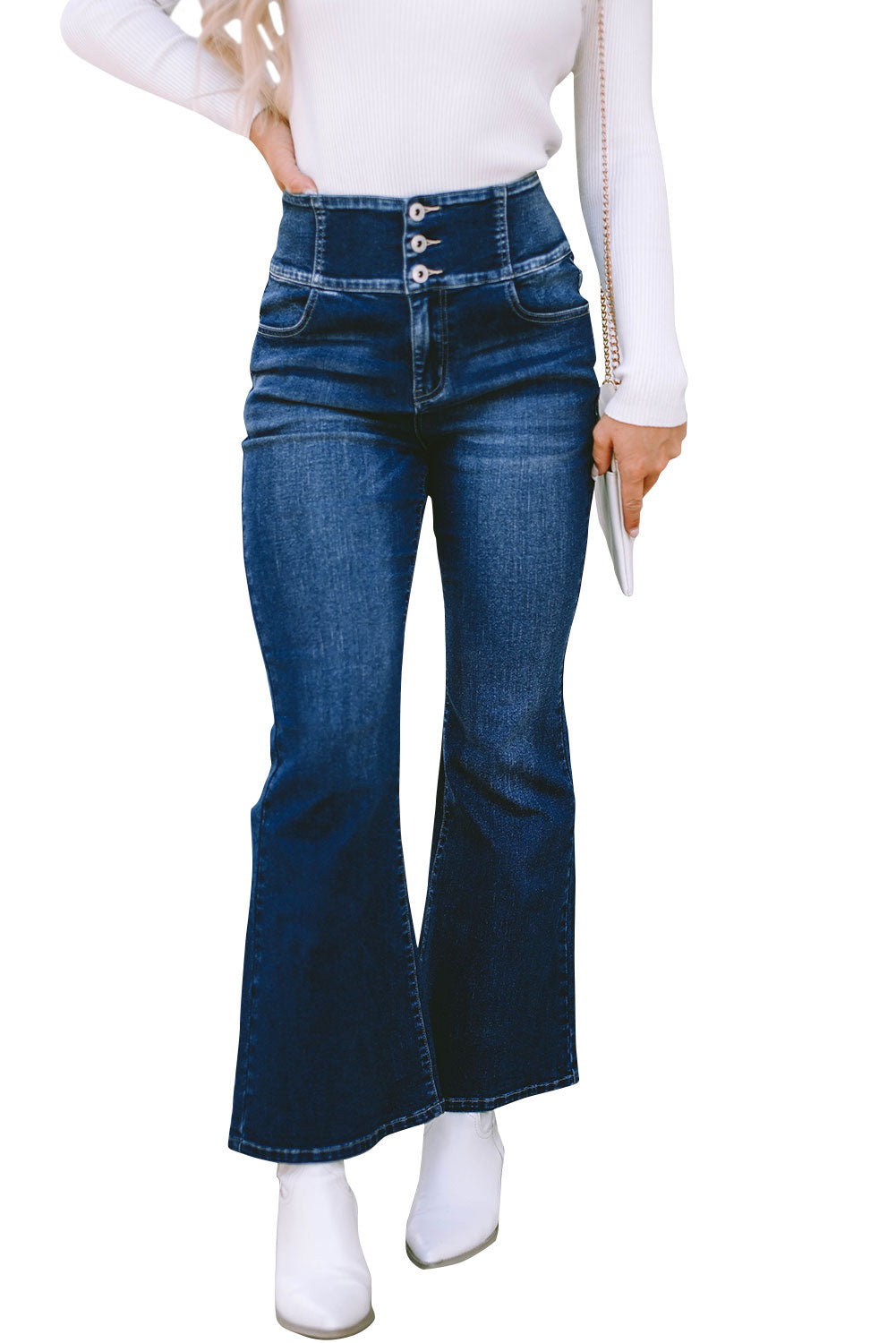 Blaue Jeans mit Knöpfen und elastischem, breitem Bund hinten