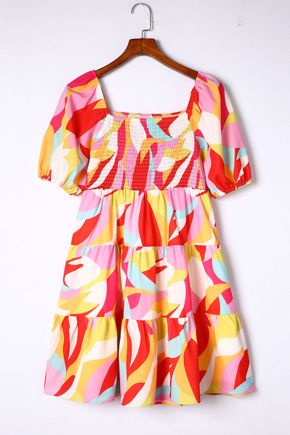 Mini obleka Babydoll z večbarvnim geometrijskim potiskom