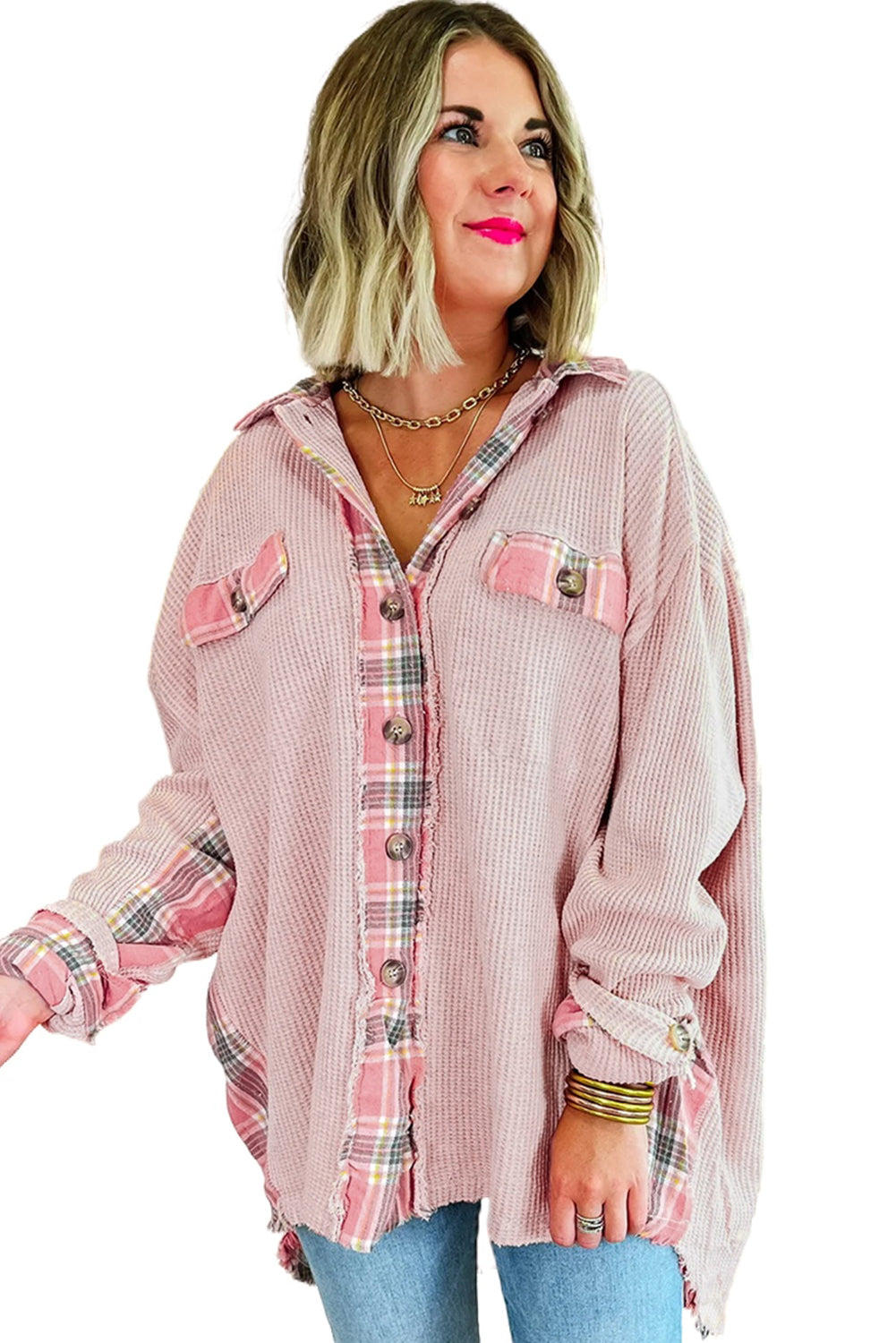 Prevelika majica z vafeljskim pletenjem v marelično roza barvi