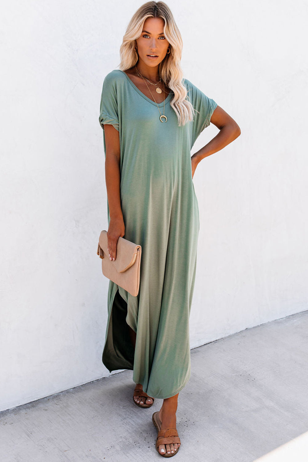 Abito maxi t-shirt con tasche nascoste con scollo a V verde erba