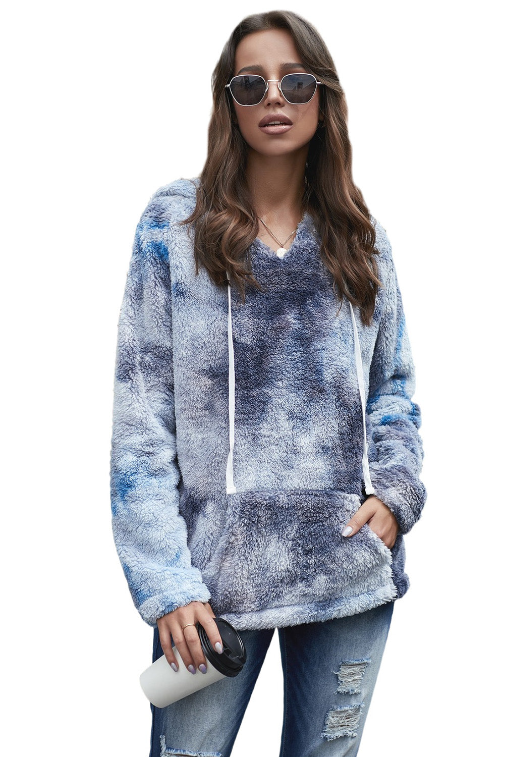 Blue V-neck Tie-dye Plush Pullover Hoodie