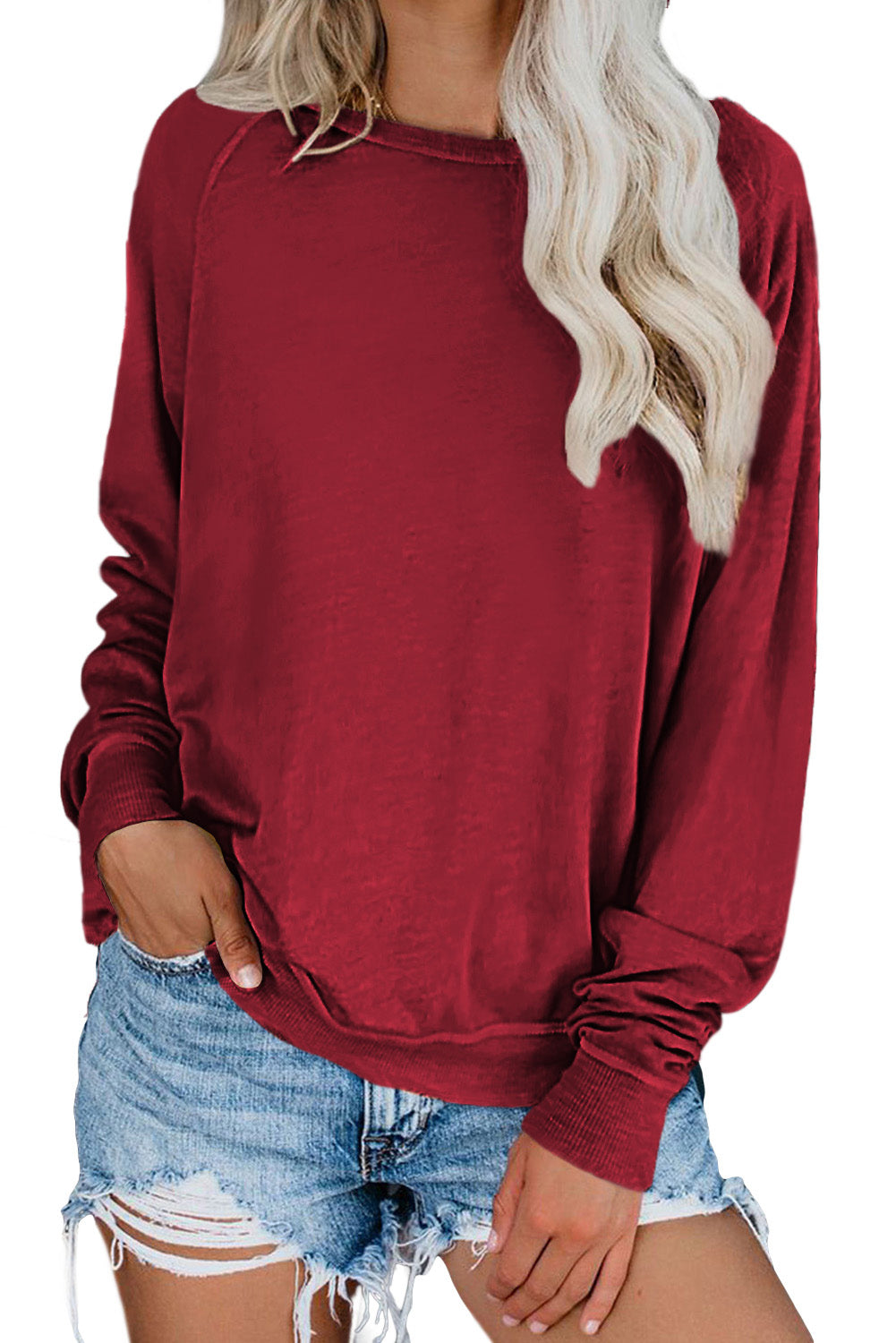 Vinsko ognjeno rdeč enobarvni pulover z okroglim izrezom