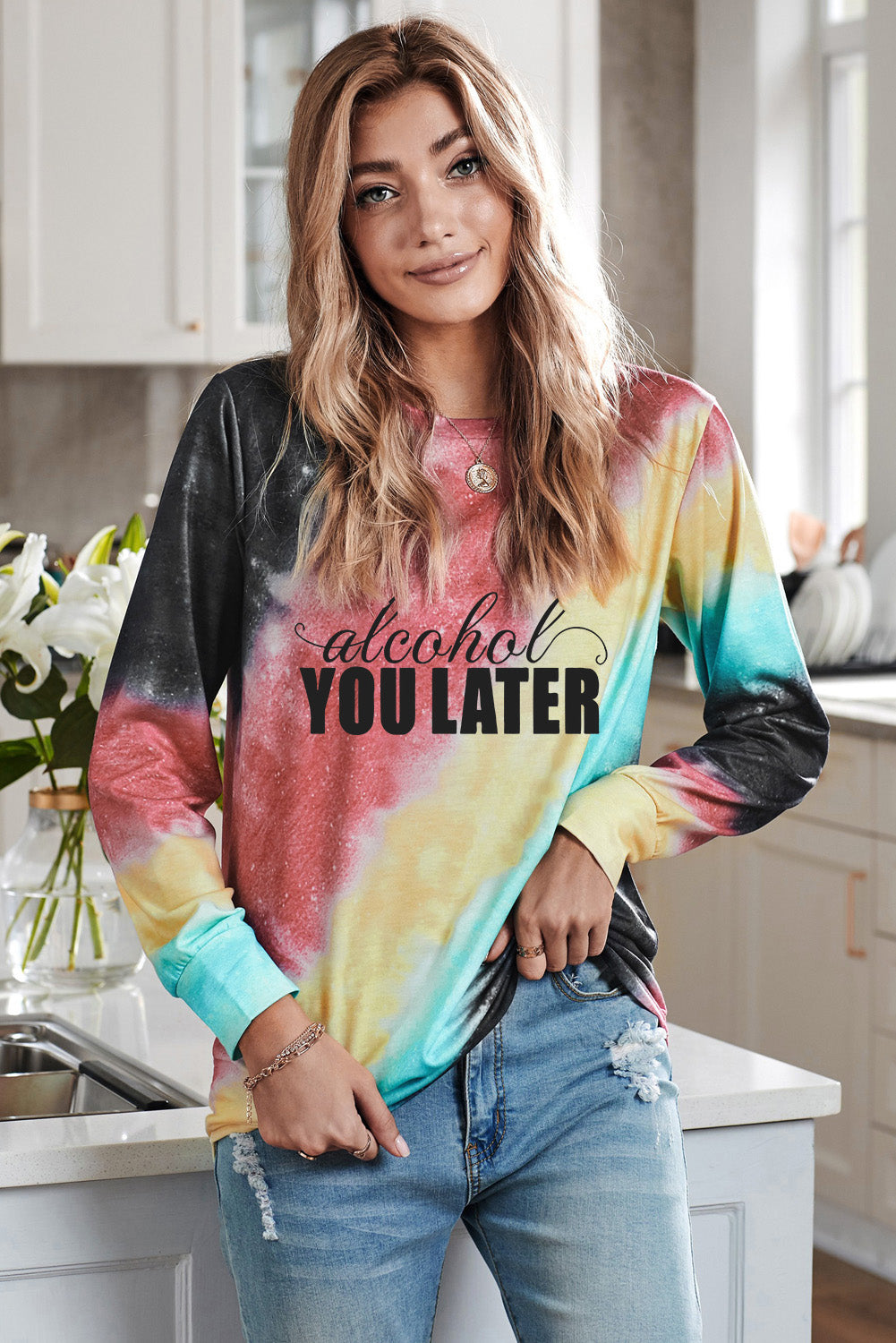 Tie Dyed Letter Print Long Sleeve Pullover Sweatshirt