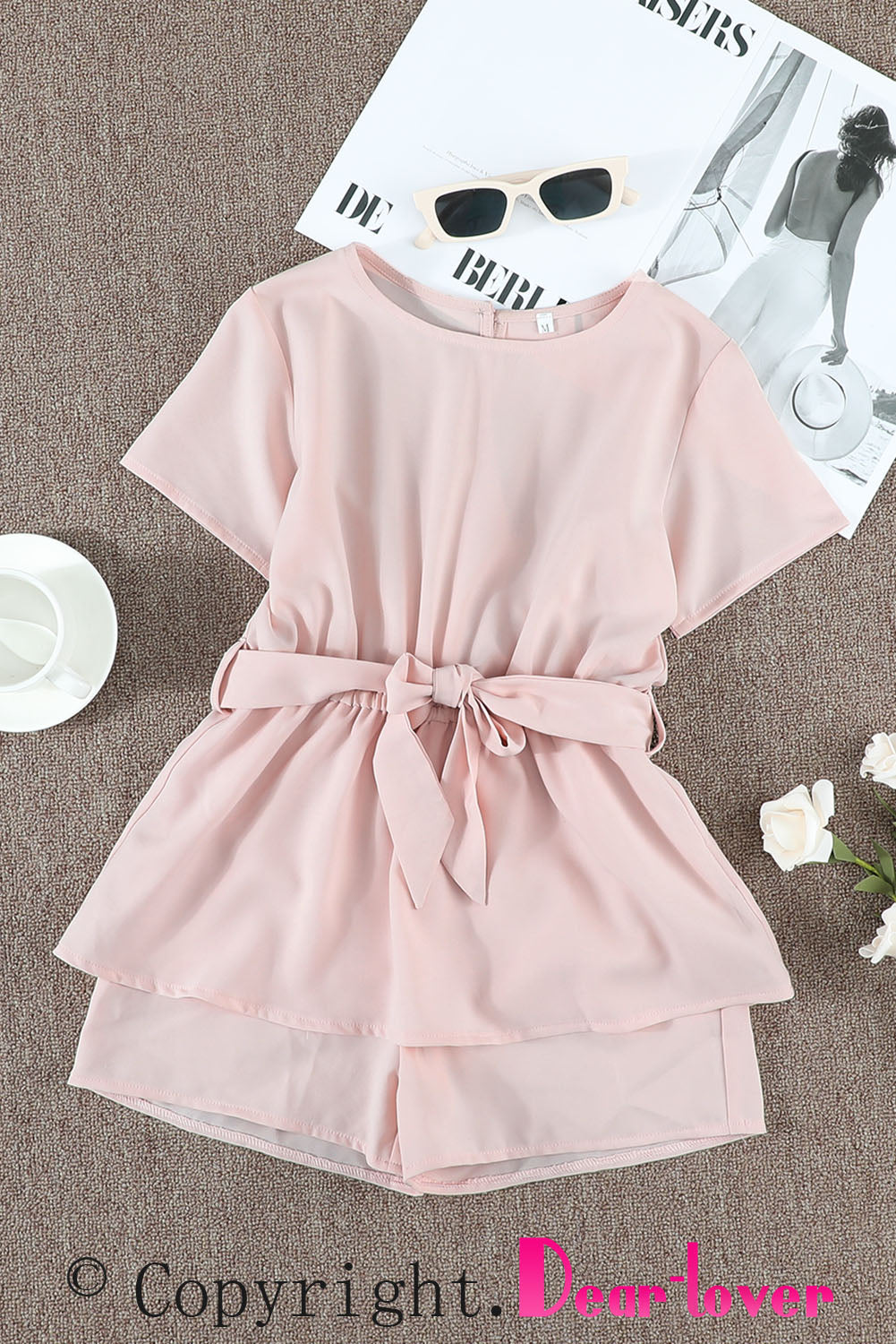 Pink Keyhole Back Belted Peplum Girls Romper