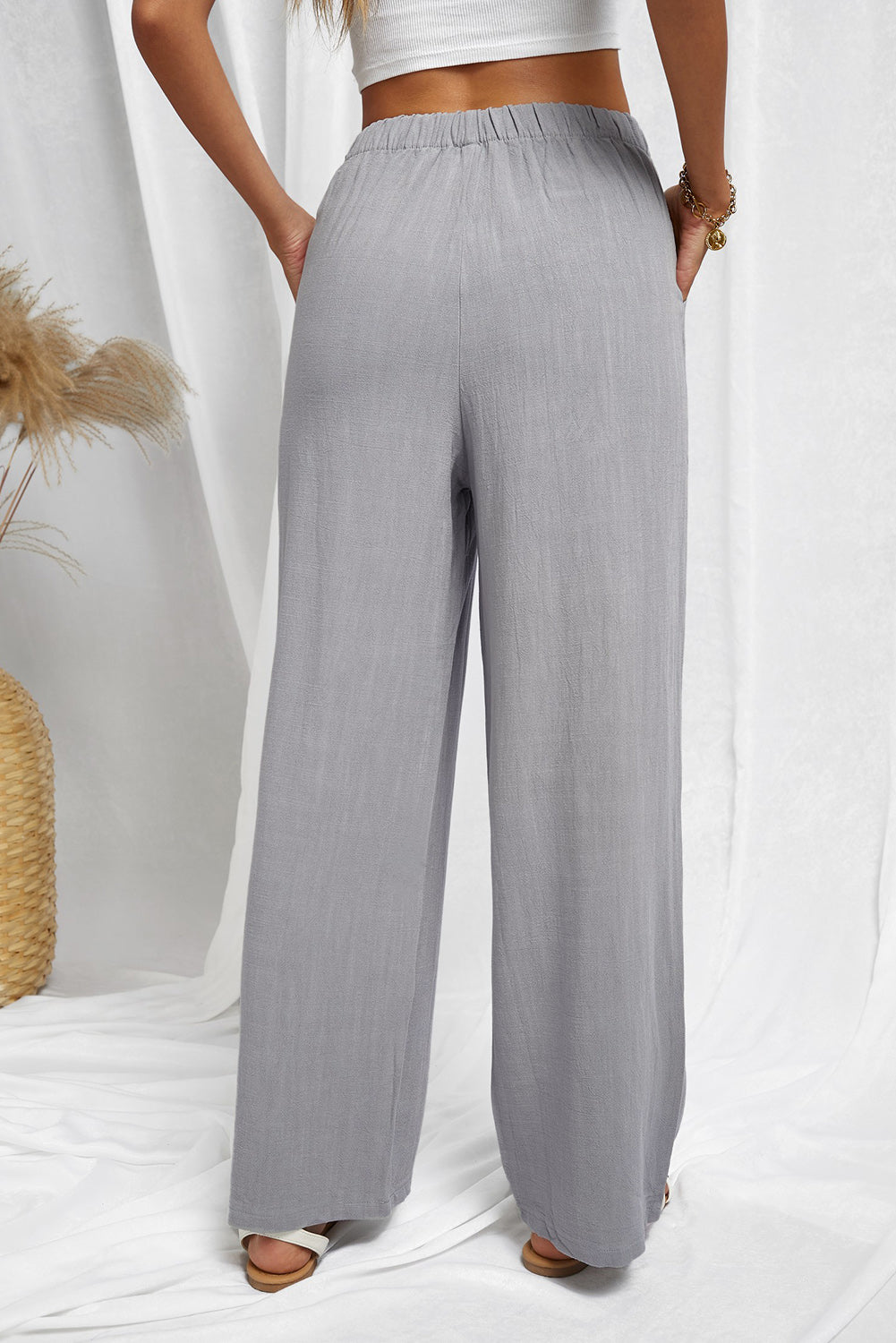 Pantalon décontracté gris taille haute avec cordon de serrage et jambes larges