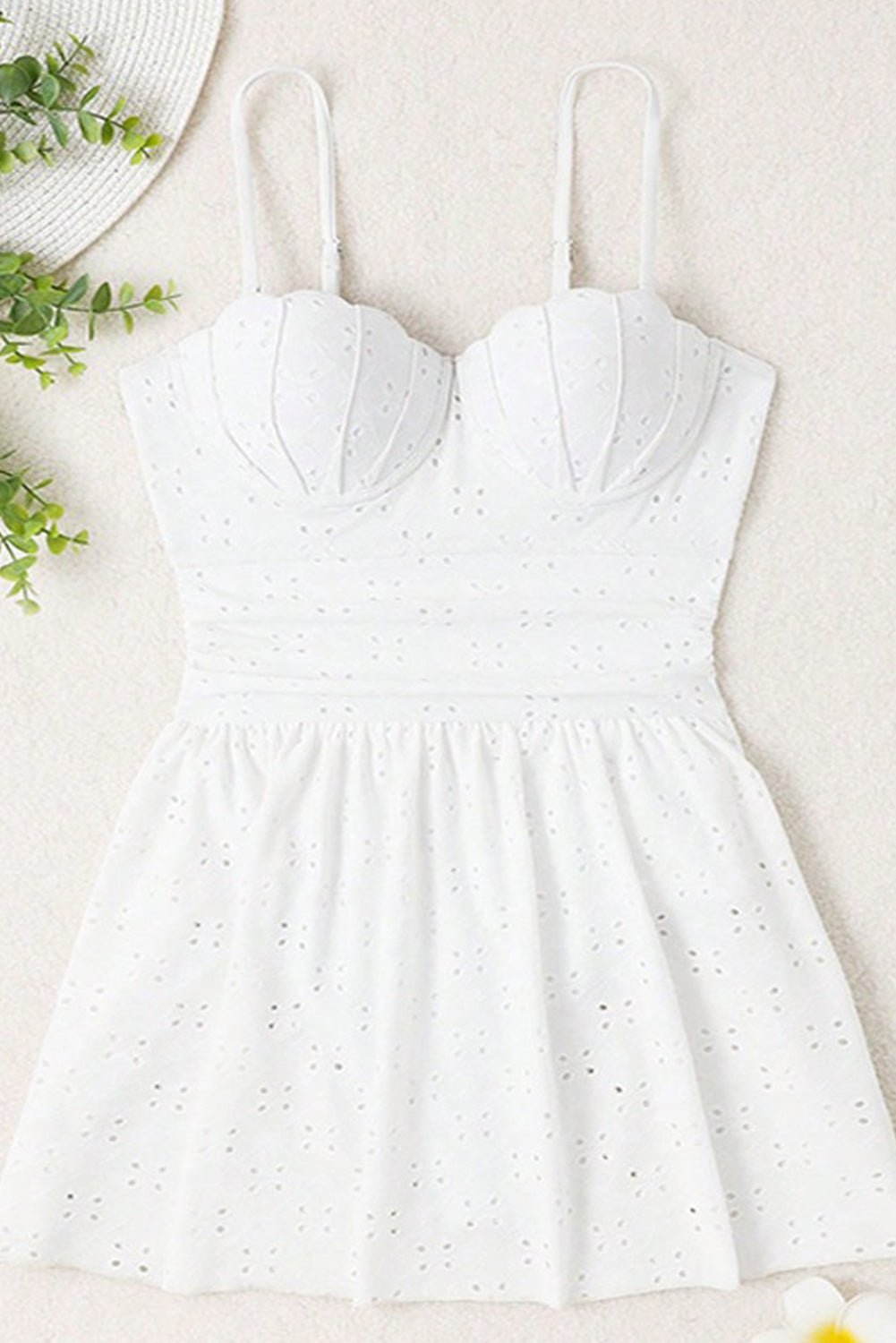 White Eyelet Padded Fit and Flare Two Piece Tankini Set