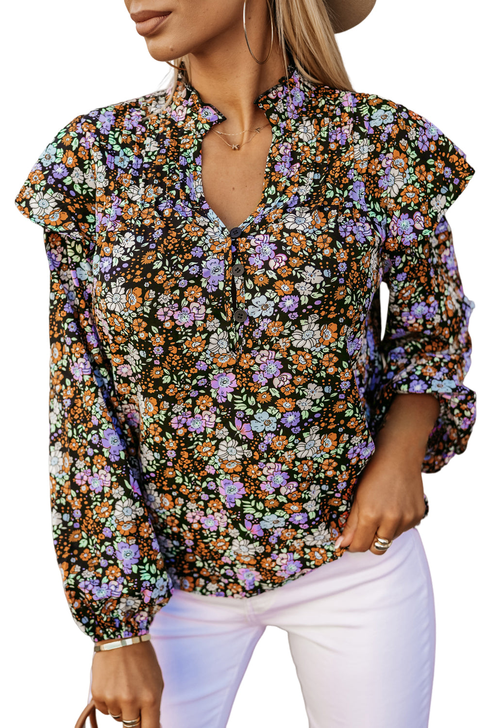 Majica z mehurčki z naborki in cvetličnim vzorcem