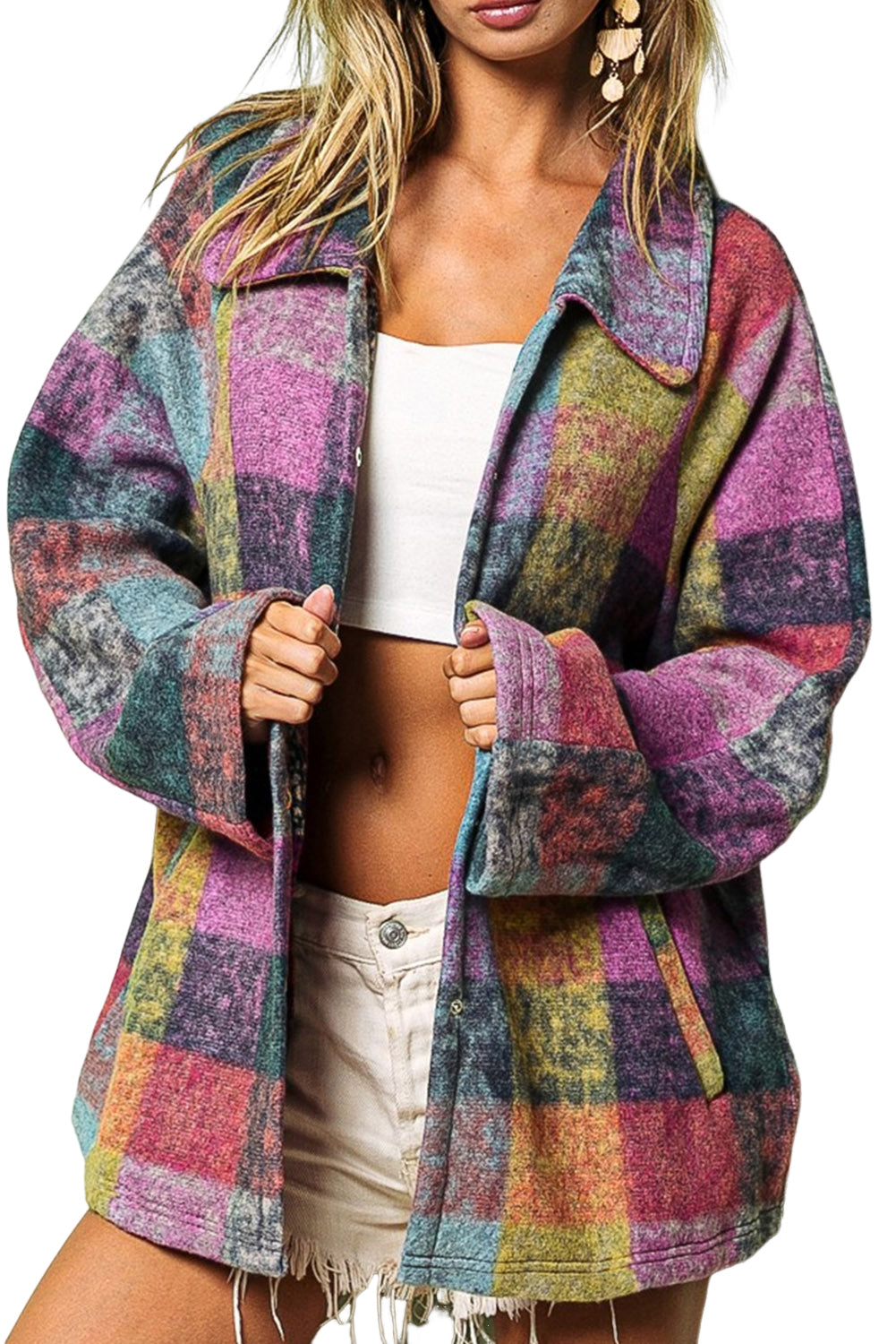 Shacket con tasca scozzese multicolore