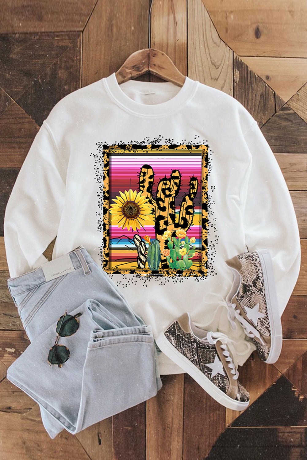 Leopard Cactus Floral Print Crewneck Pullover Sweatshirt