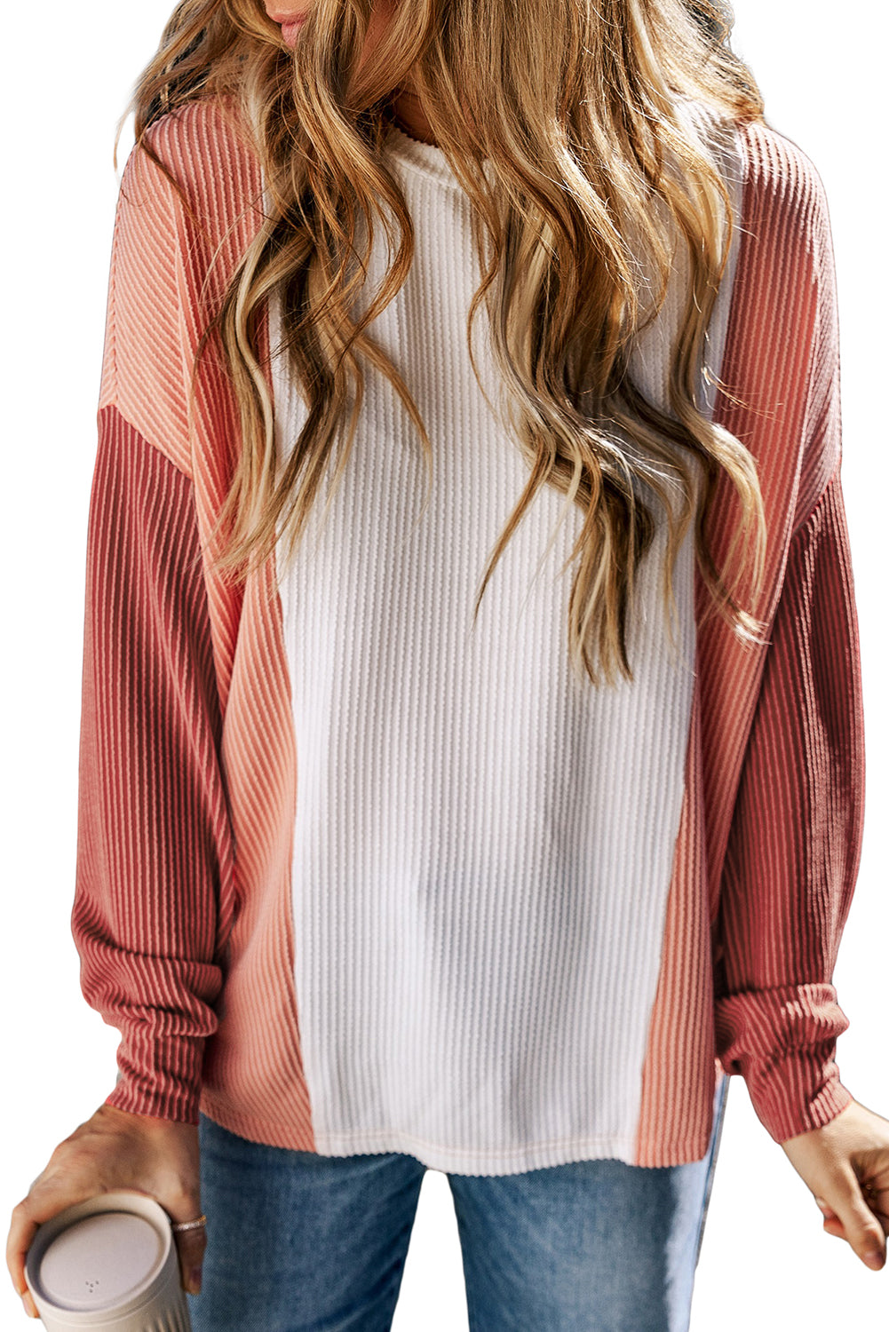 Pale Chestnut Color Block Corded Long Sleeve Top