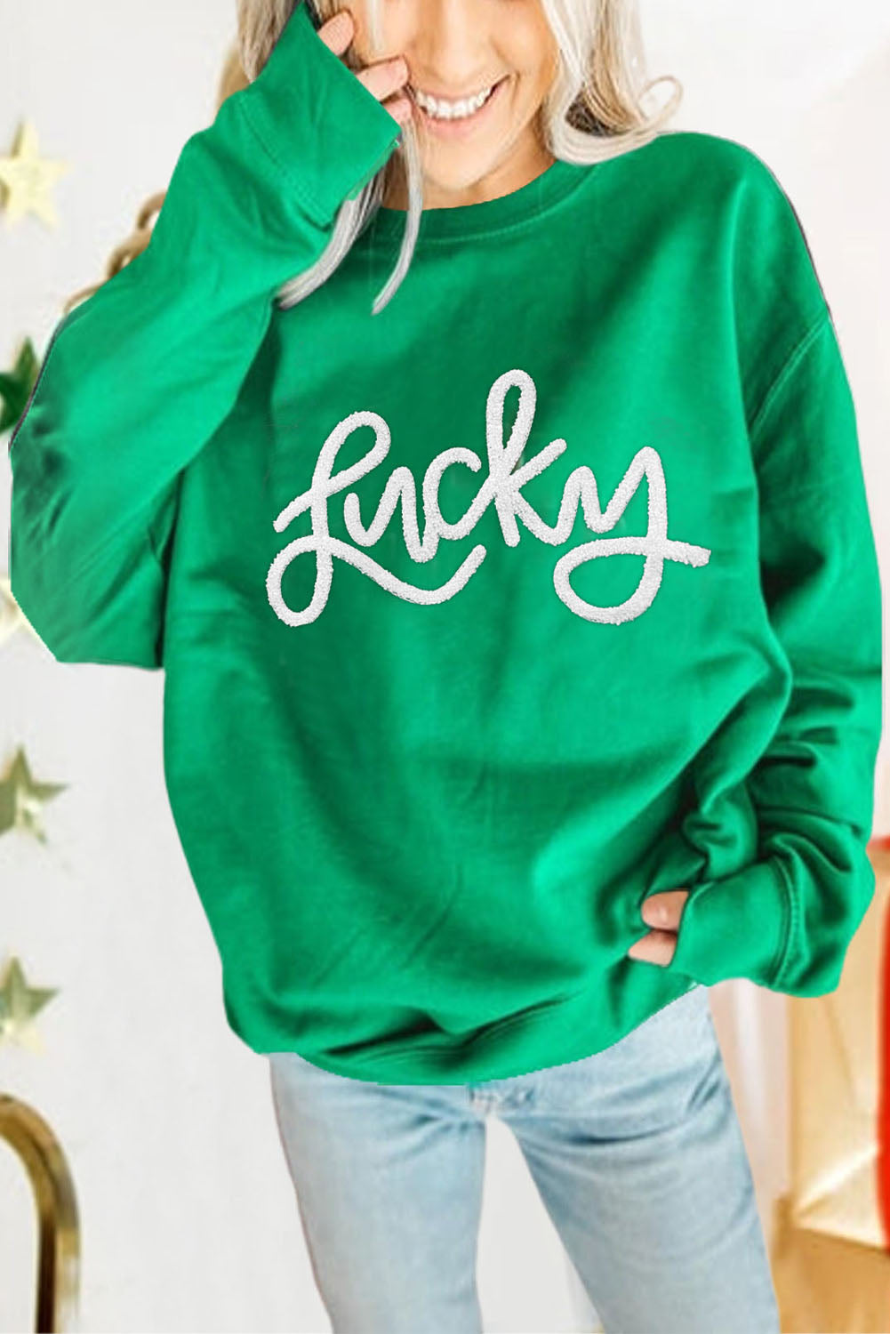 Zeleni LUCKY Aphabet pulover s izvezenim puloverom