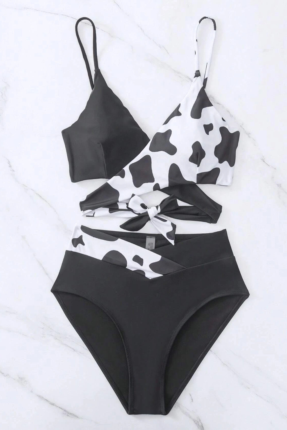 Black Contrast Cow Pattern Crossed Bikini