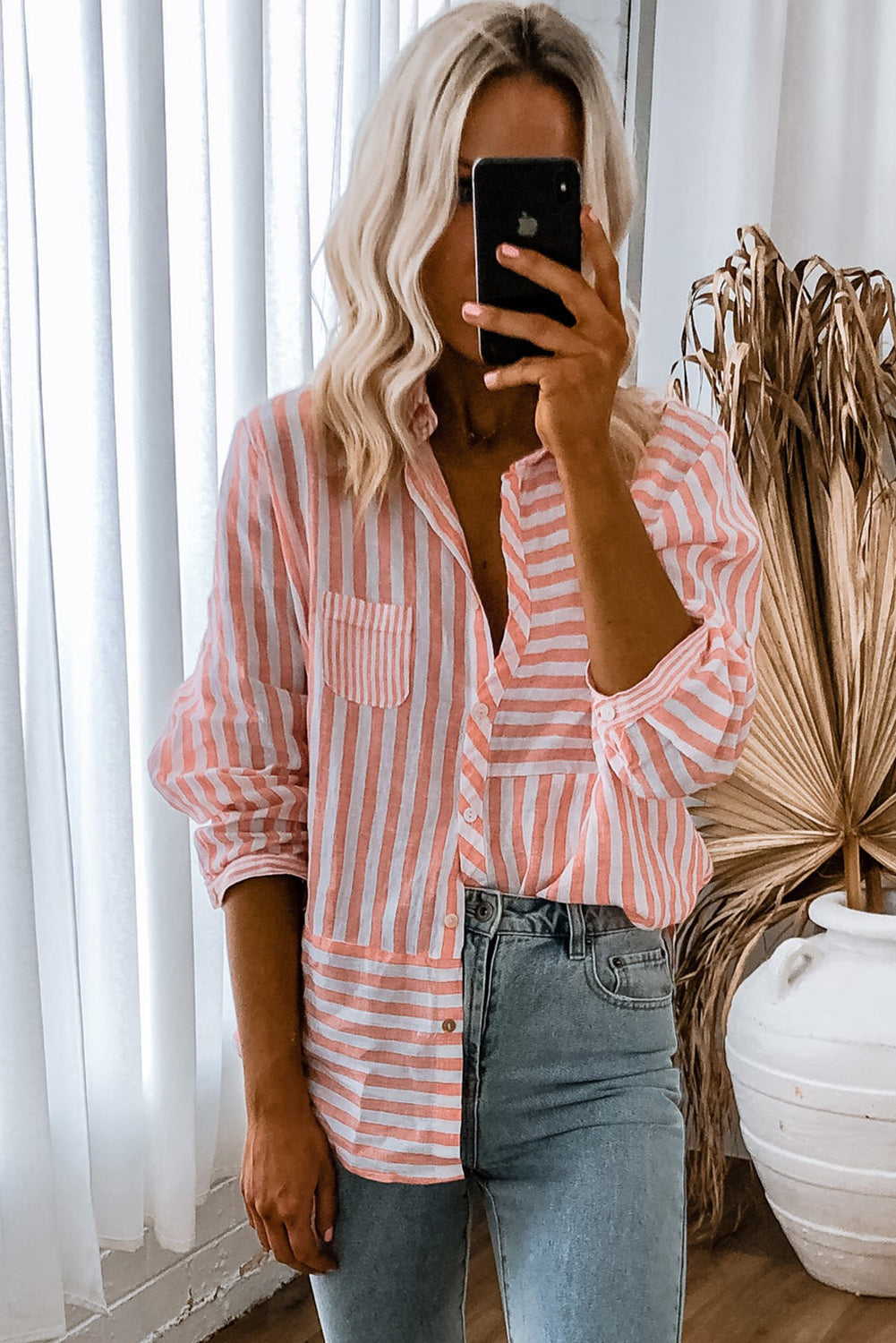 Pink Stripe Buttoned Long Sleeve Casual Shirt