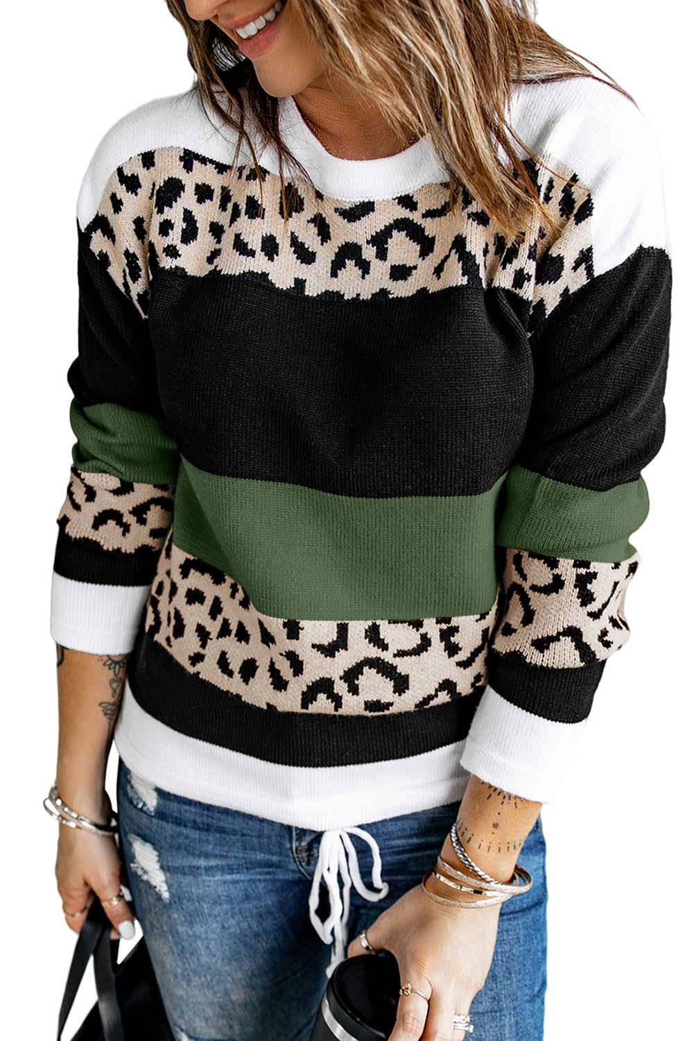 Zelen pleten pulover z leopardjim barvnim blokom in okroglim izrezom