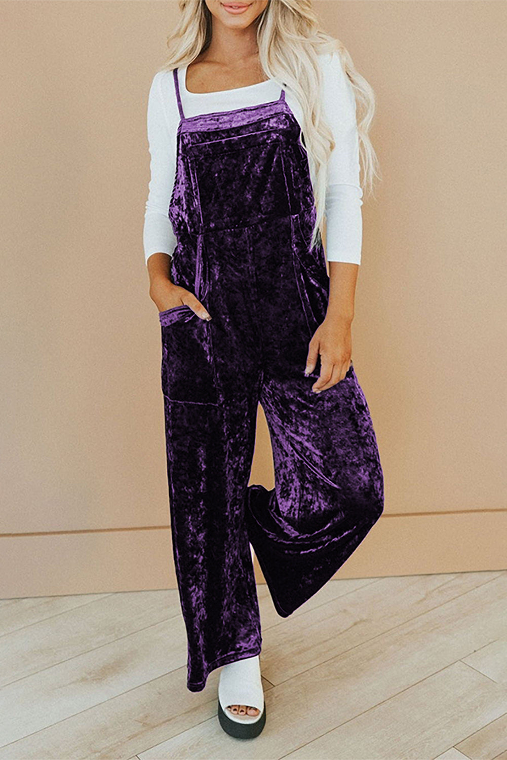 Tillandsia violet vintage fines bretelles poches latérales salopette en velours