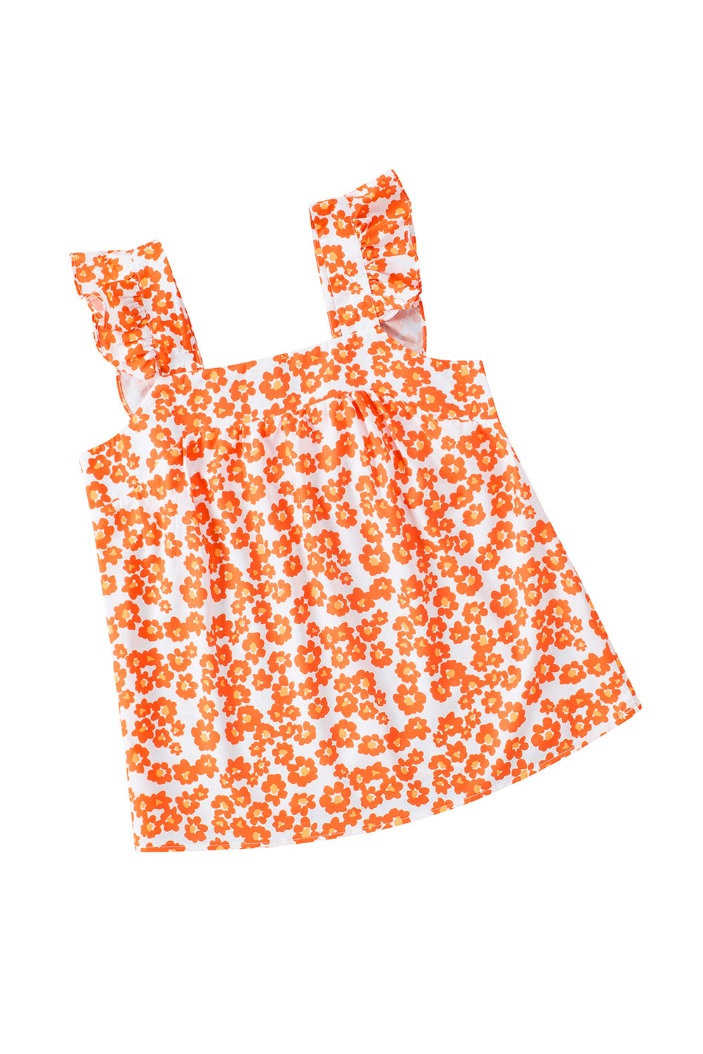 Oranžna majica z naborki s kvadratnim izrezom in cvetličnim potiskom