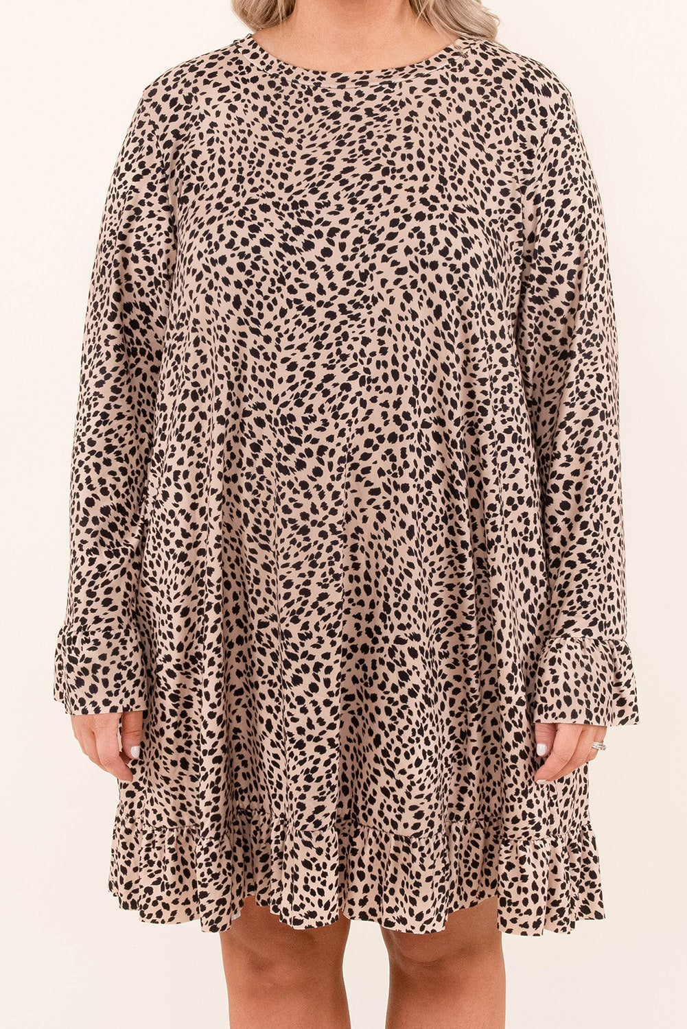 Leopard mini haljina dugih rukava velike veličine s volanima