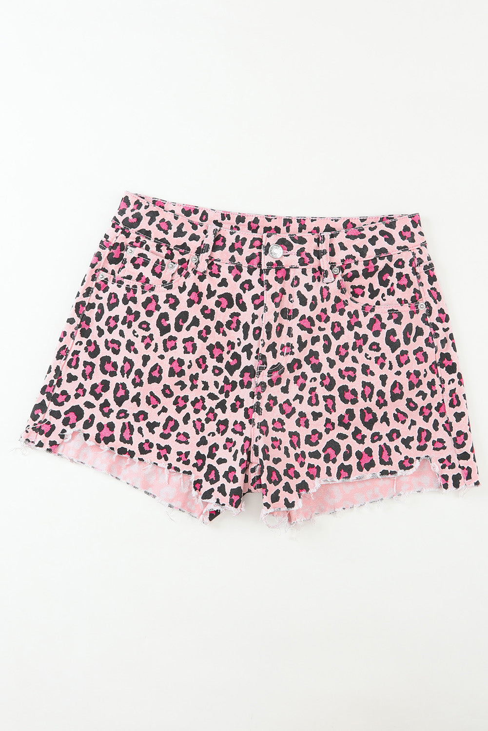 Rosa Denim-Shorts mit unbearbeitetem Saum und Leopardenmuster
