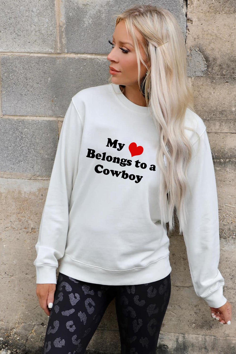 Letter Heart-shape Print Crew Neck Pullover Sweatshirt