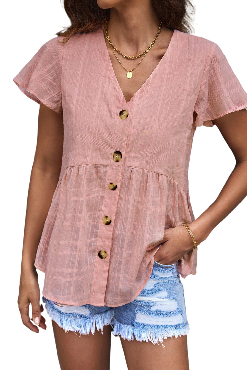 Pink Short Sleeves Buttoned Peplum Shirt