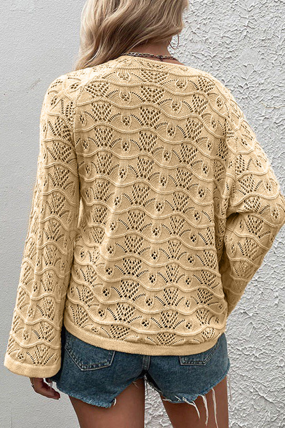 Kaki izdolbeni pleteni asimetrični pulover z vrvico