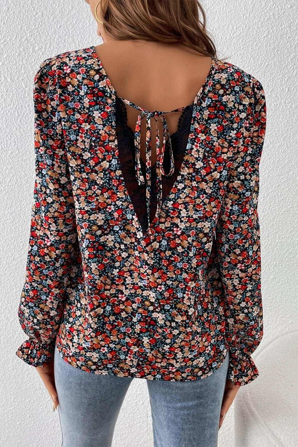Fiery Red V Cut Lace Patch Tie-up Ruffled Puff Sleeve Floral Blouse