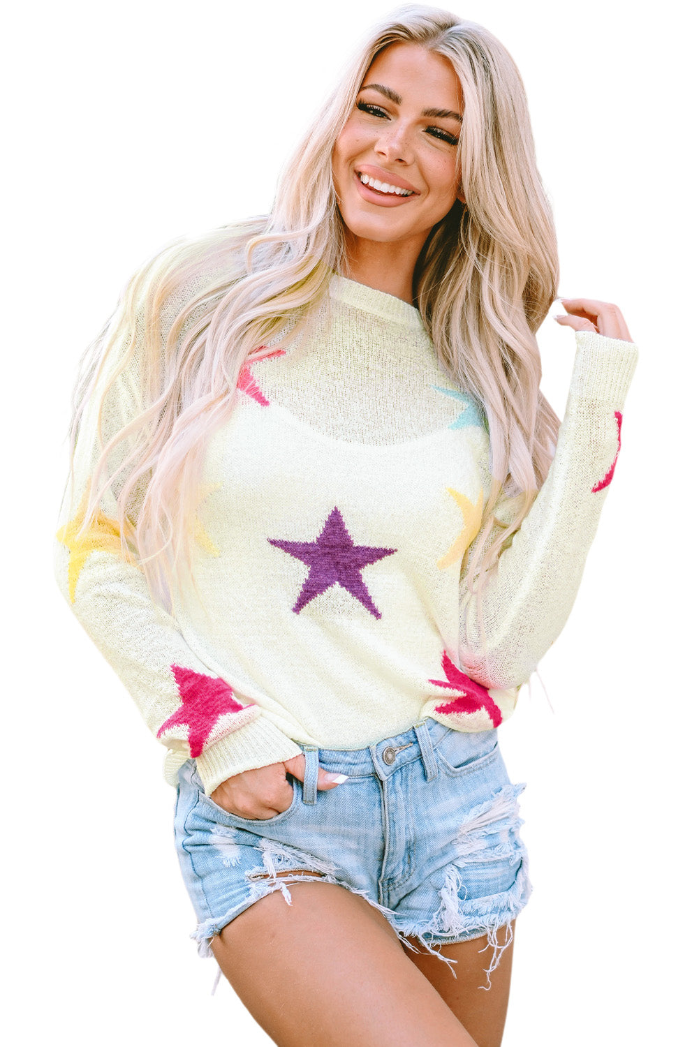 Bijeli široki pulover šarenog zvjezdanog uzorka