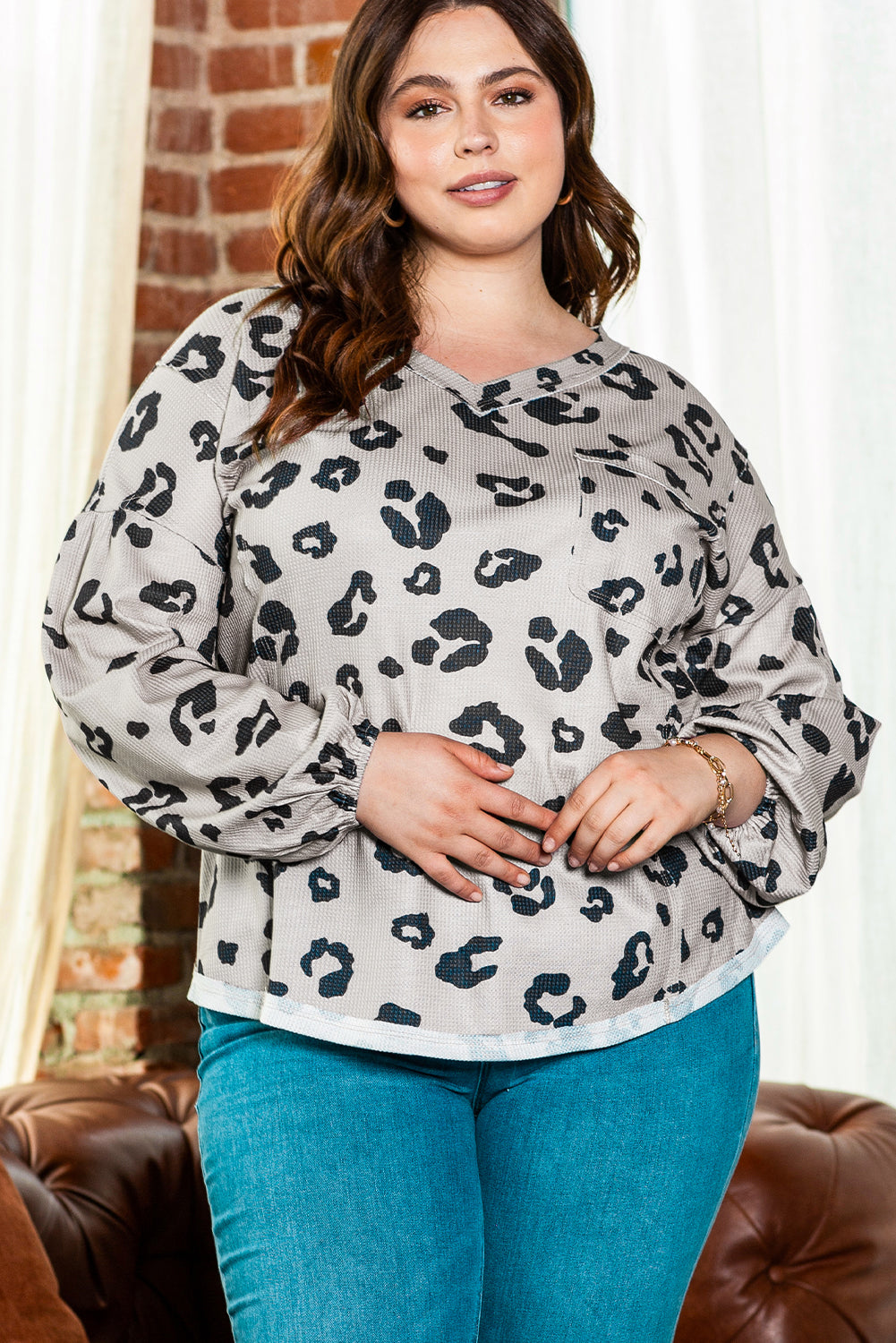 Haut en tricot thermique gris imprimé léopard à manches ballon de grande taille