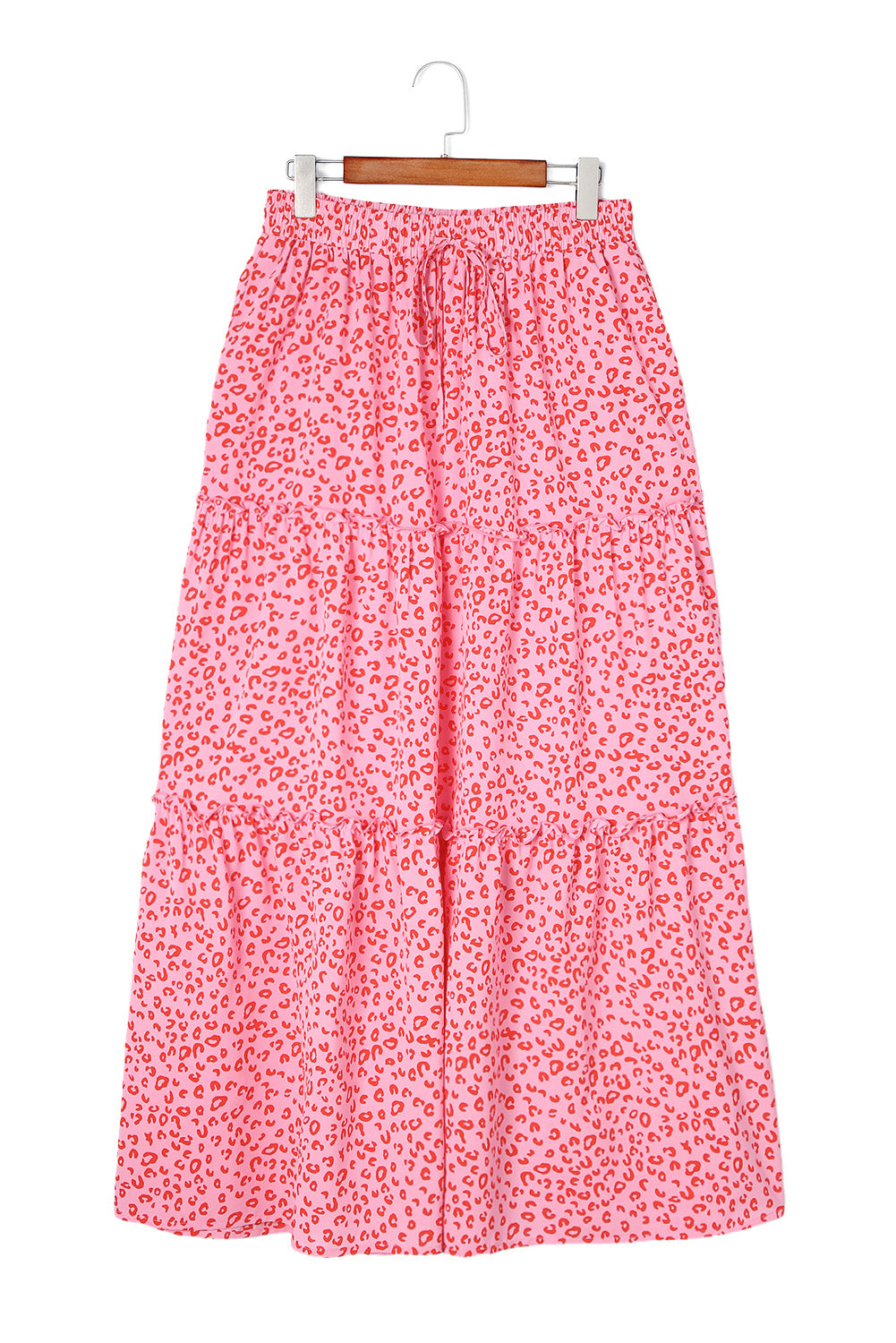 Pink Leopard Print Frilled Drawstring High Waist Maxi Skirt