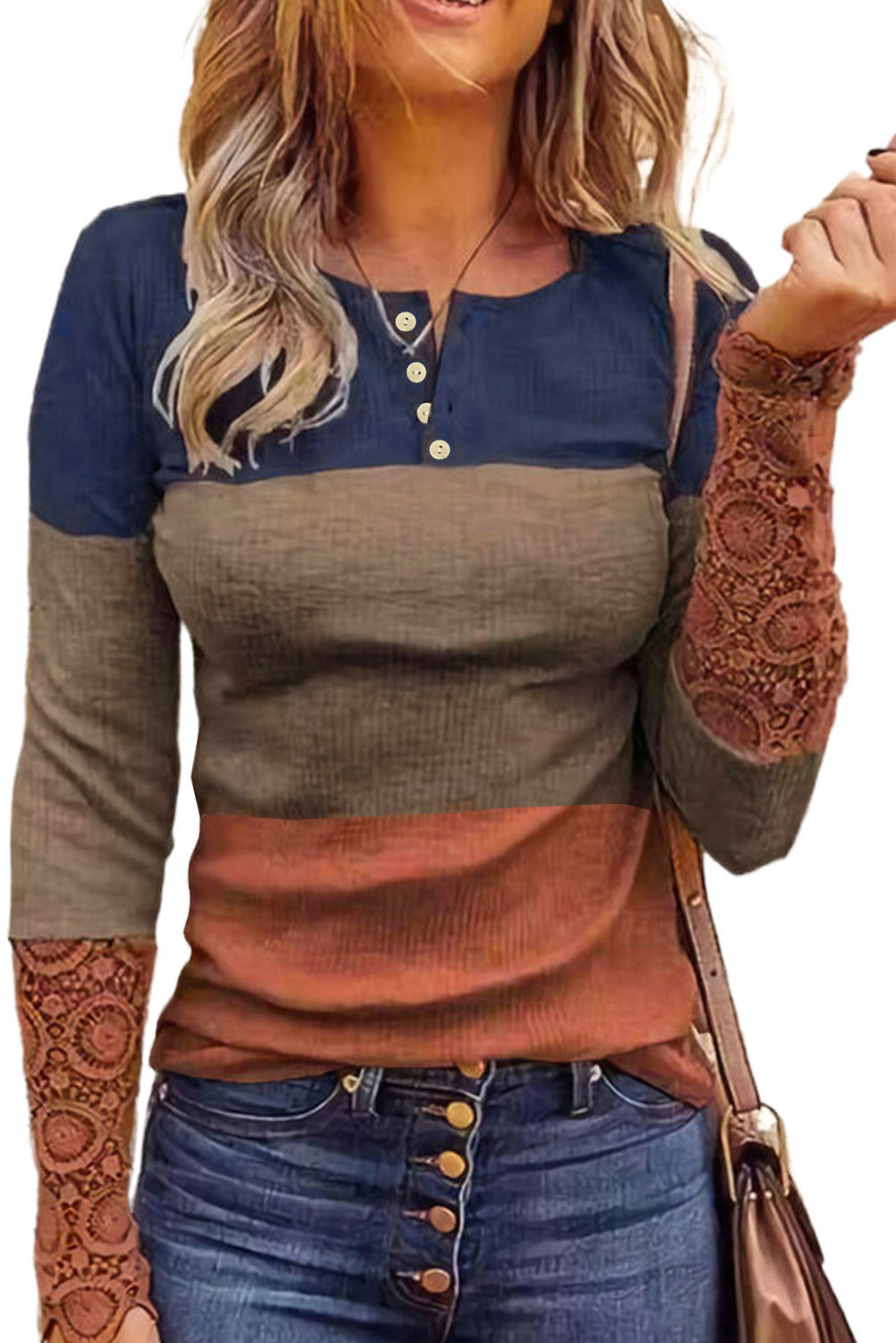 Blue Ribbed Lace Splicing Color Block Long Sleeve Top