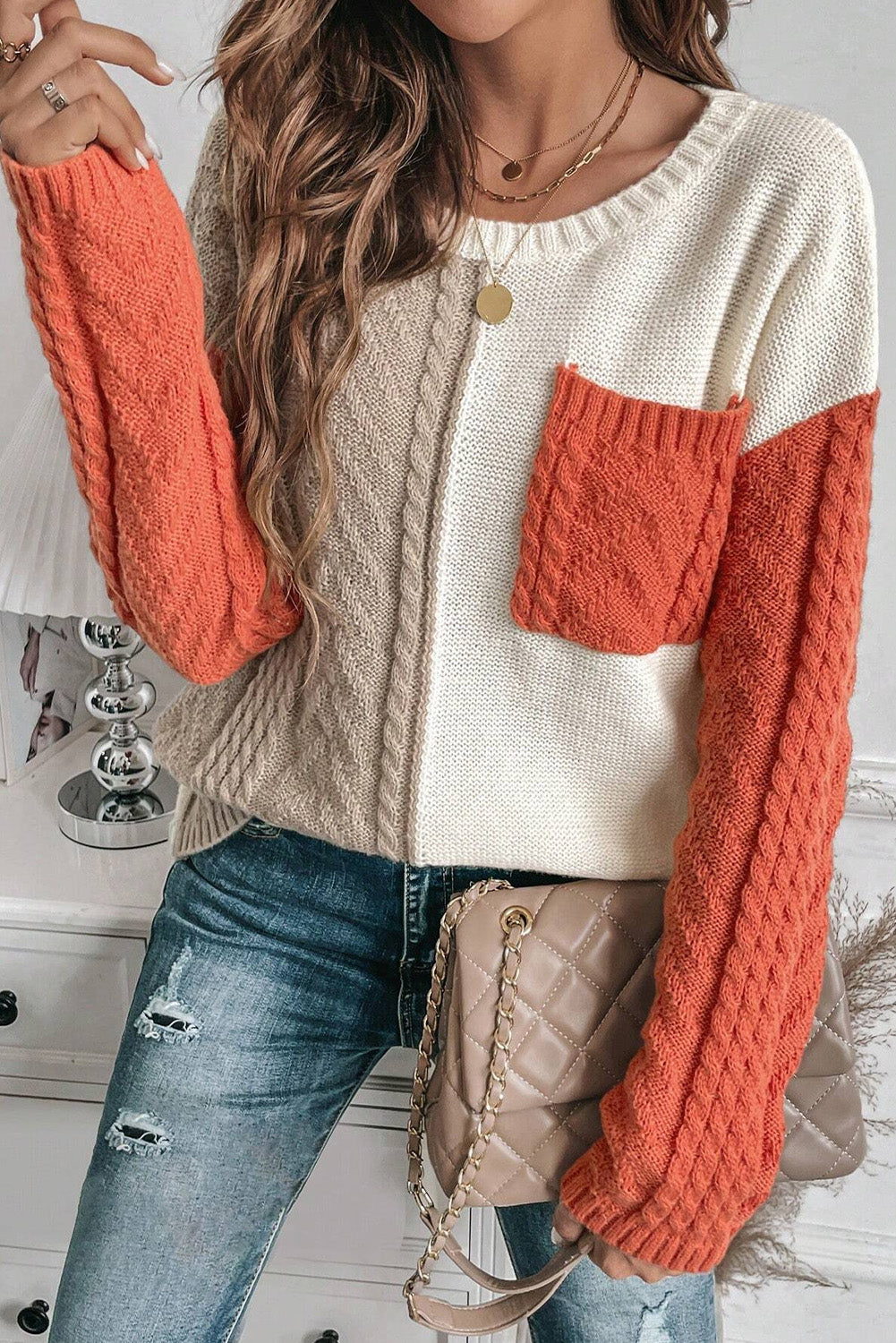 Gold Flame Colorblock-Pullover mit aufgesetzten Taschen und überschnittener Schulter