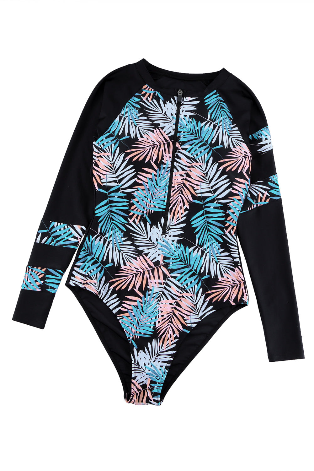 Sky Blue Leaves Print Zip-up Long Sleeve Surf Rash Guard Swimwear