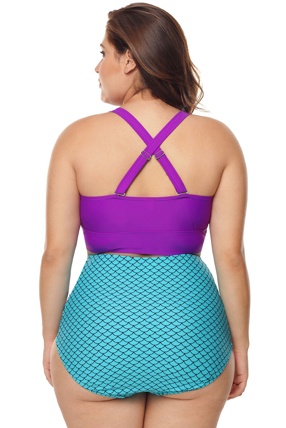 Purple & Blue Scalloped Detail High Waist Swimsuit