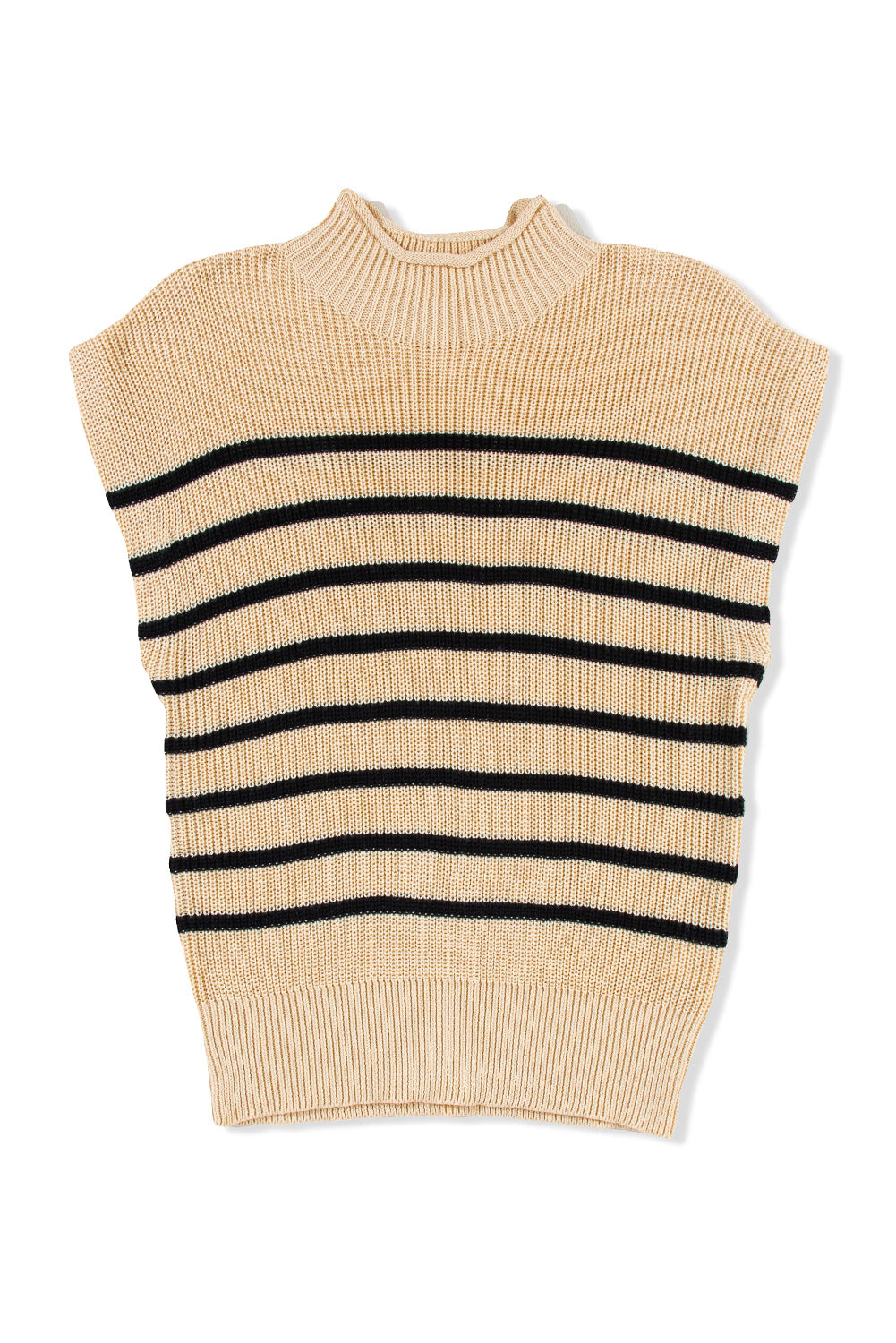 Pergamentno črtast rebrast pleten pulover z visokim ovratnikom