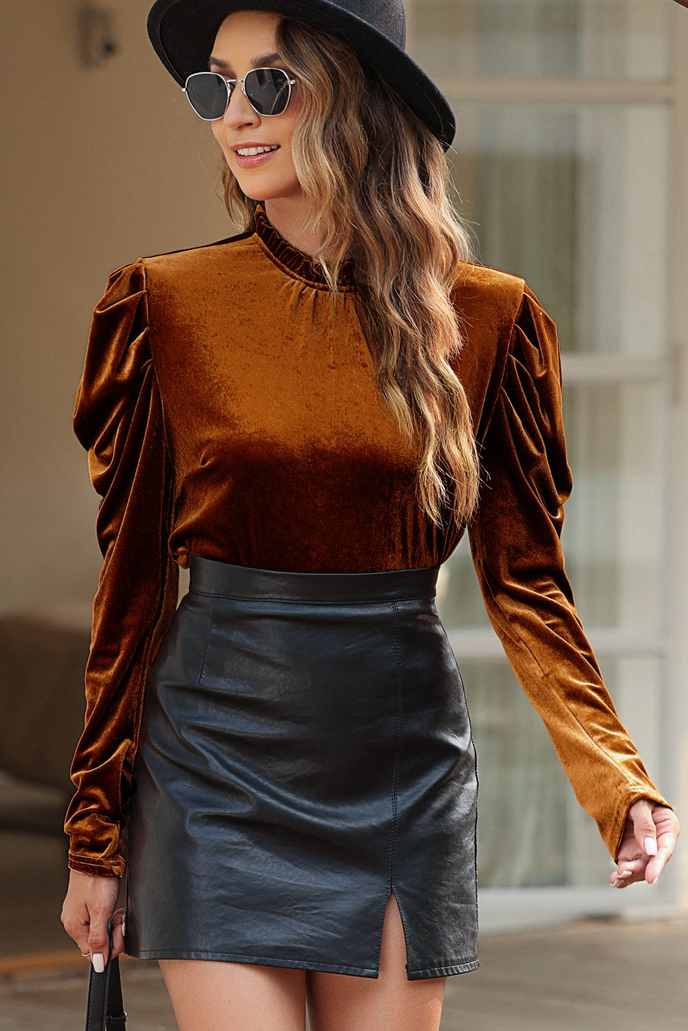 Chestnut Frilled Collar Puff Sleeve Velvet Top