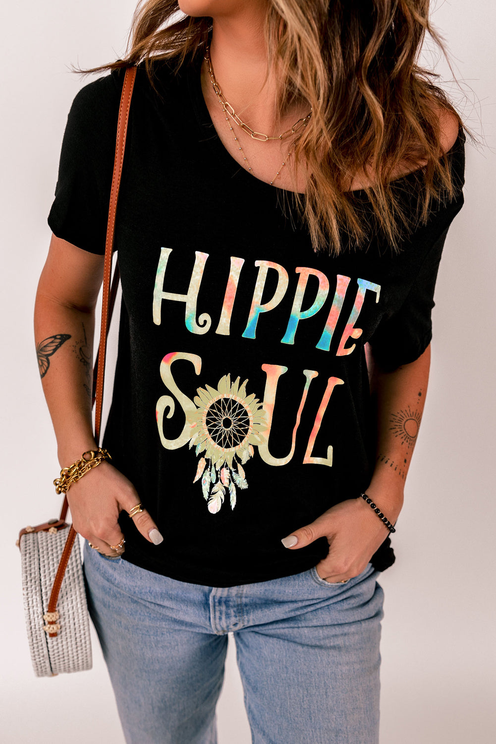 T-shirt con stampa di piume di girasole HIPPIE SOUL tie-dye Ombre