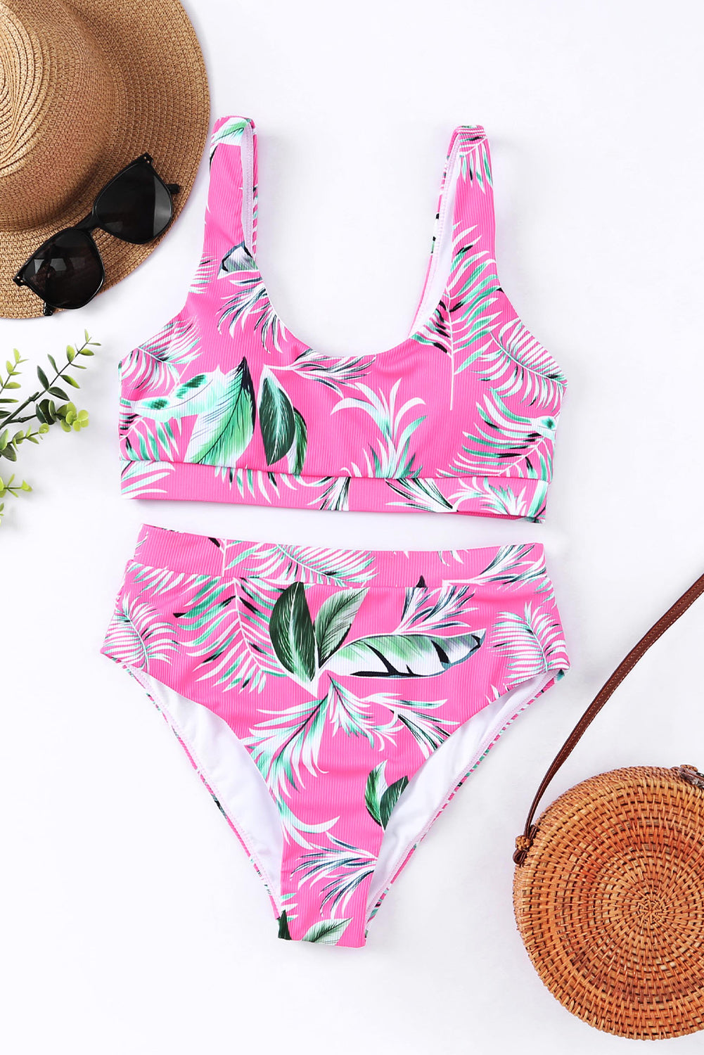 Bikini taille haute côtelé tropical à encolure dégagée rose