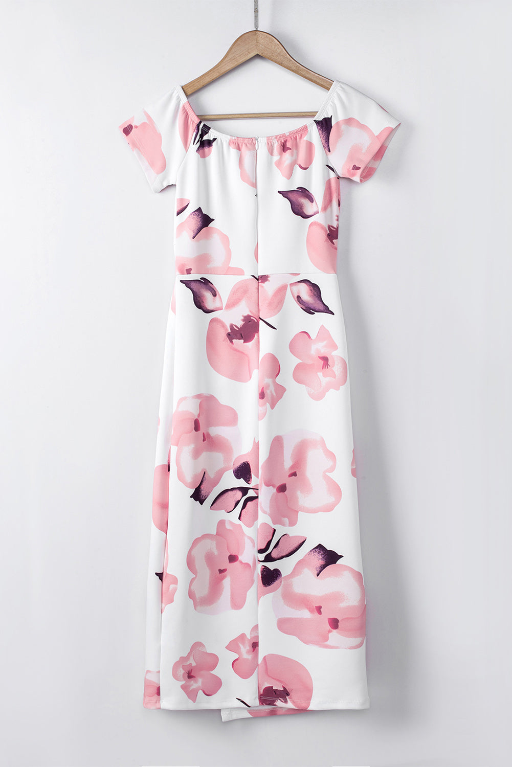 Rožnata midi obleka z razporkom na ramenih in cvetličnim potiskom