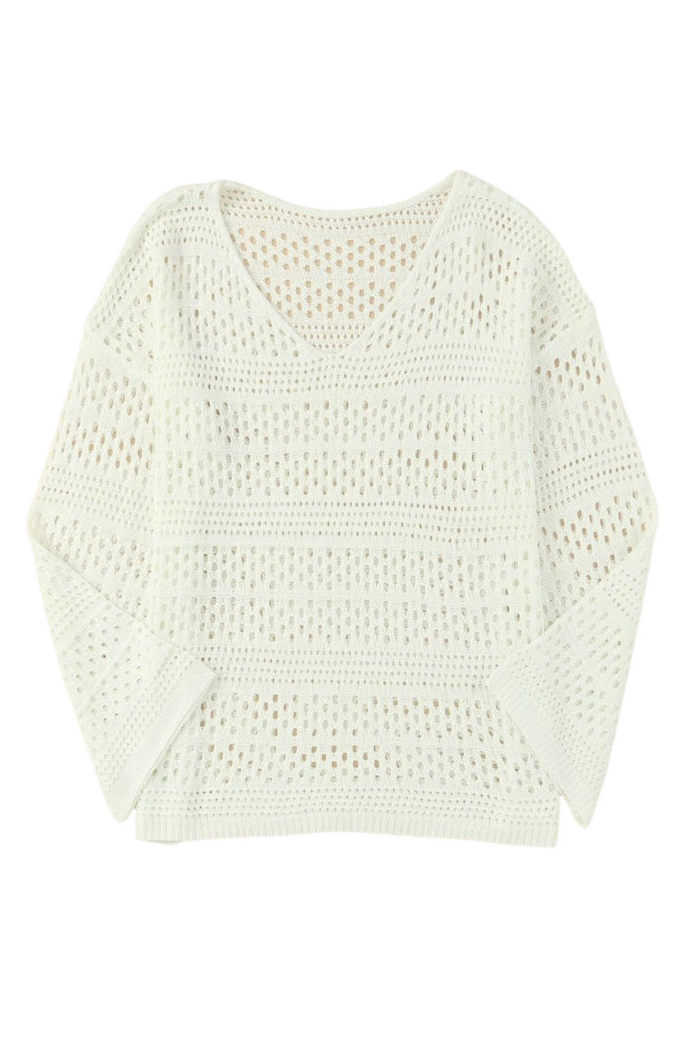 Bijeli izdubljeni heklani pulover s V izrezom