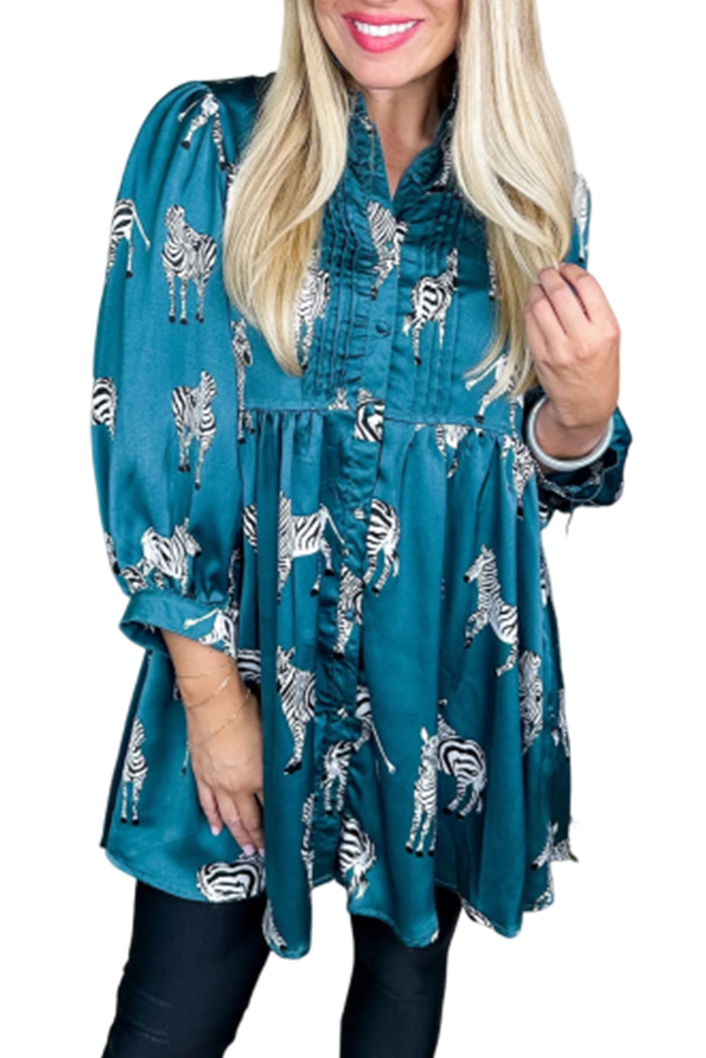 Blue Printed Zebra Pattern Pleated Shirt Tunic Dress