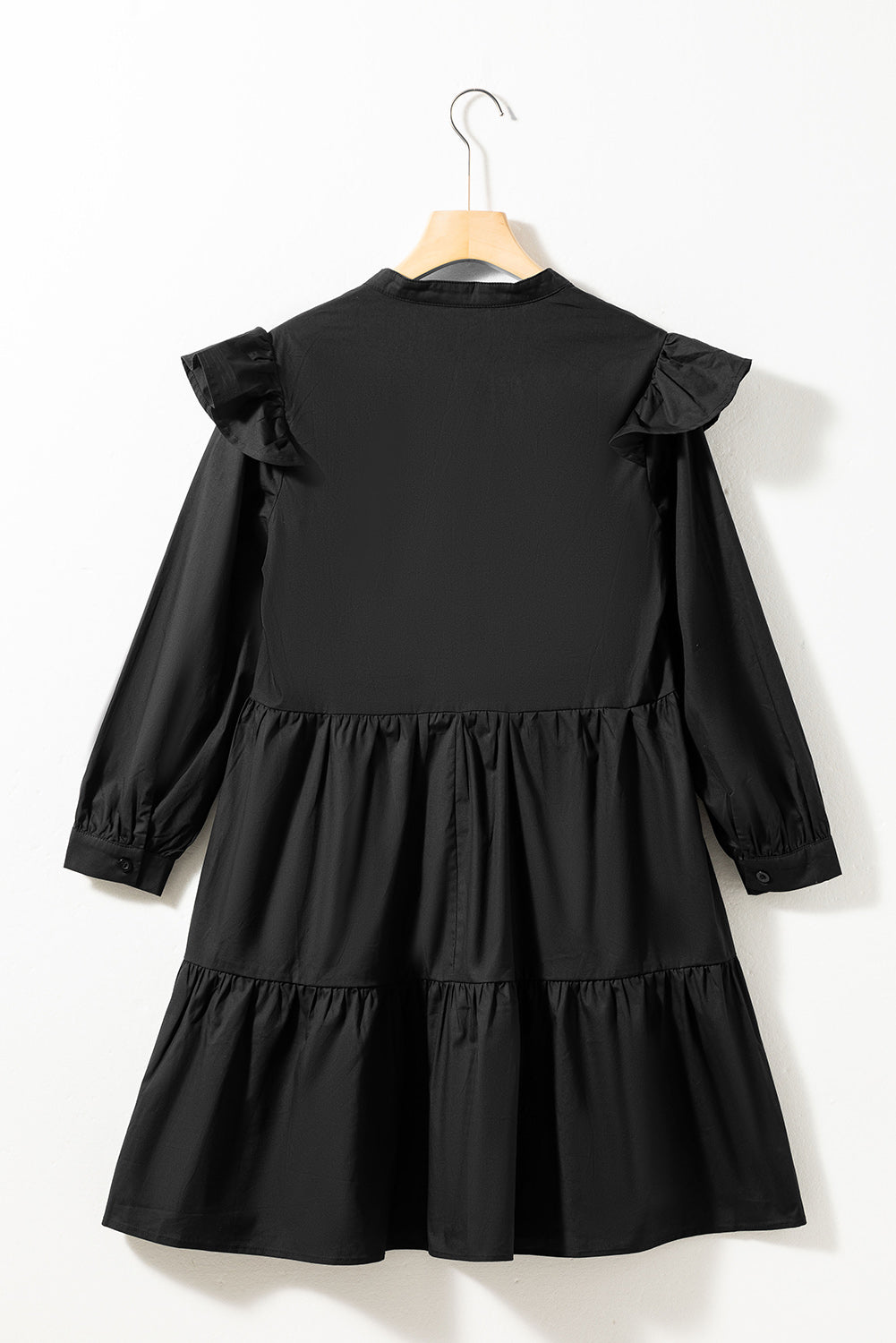 Black V Neck Tiered Ruffled Dress with Pockets