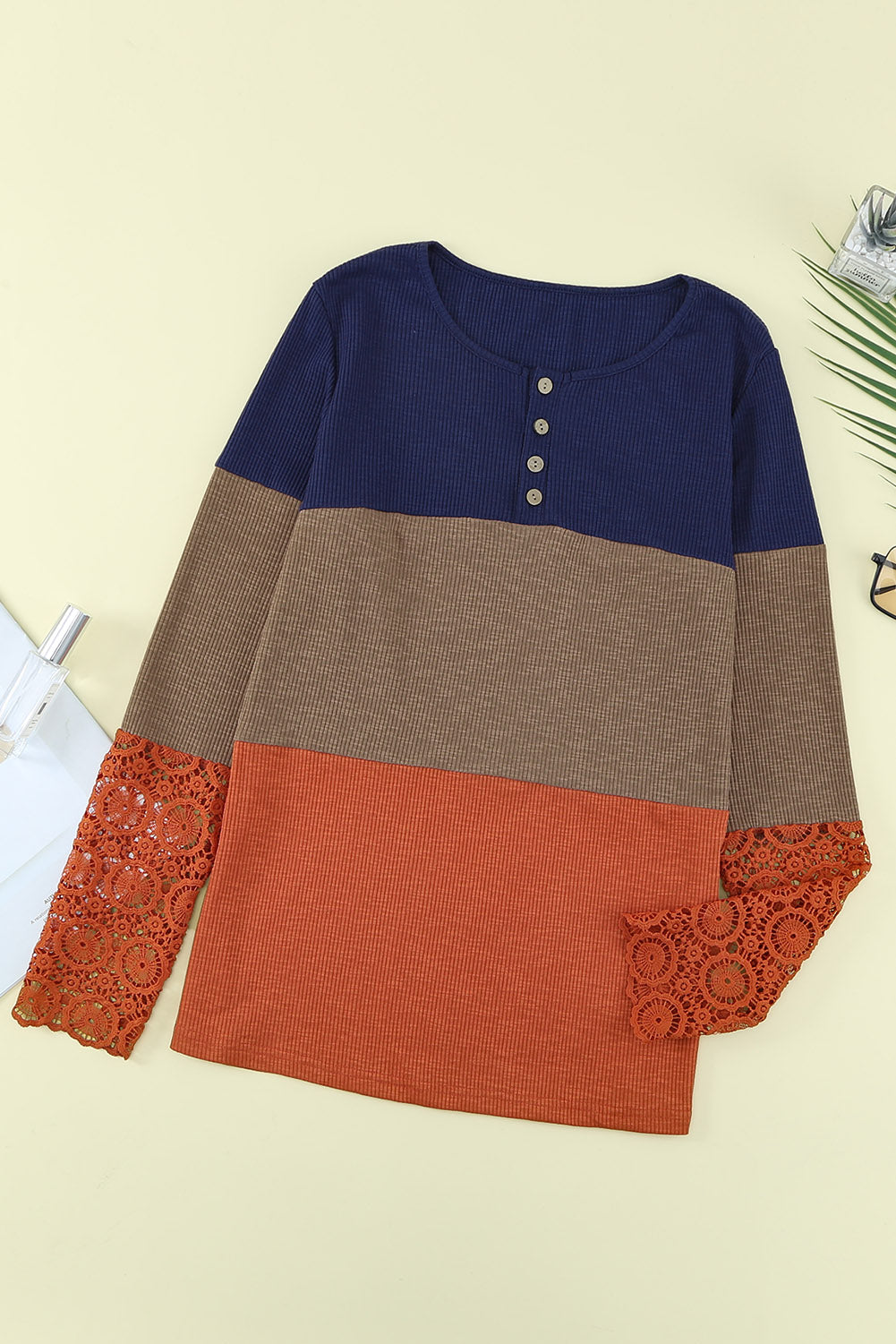 Blue Ribbed Lace Splicing Color Block Long Sleeve Top