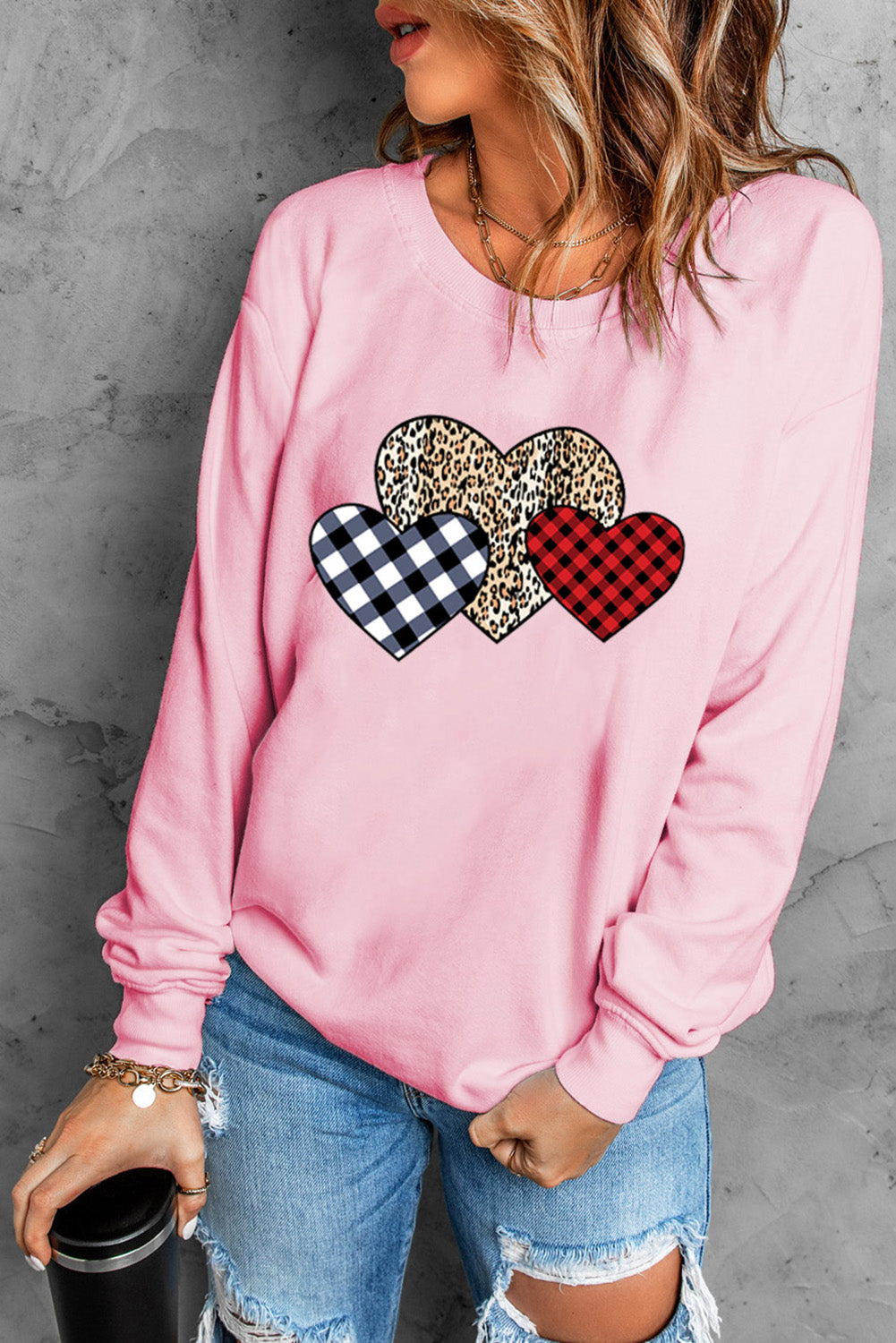 Felpa pullover con maniche a goccia e stampa leopardata a cuori scozzesi rosa