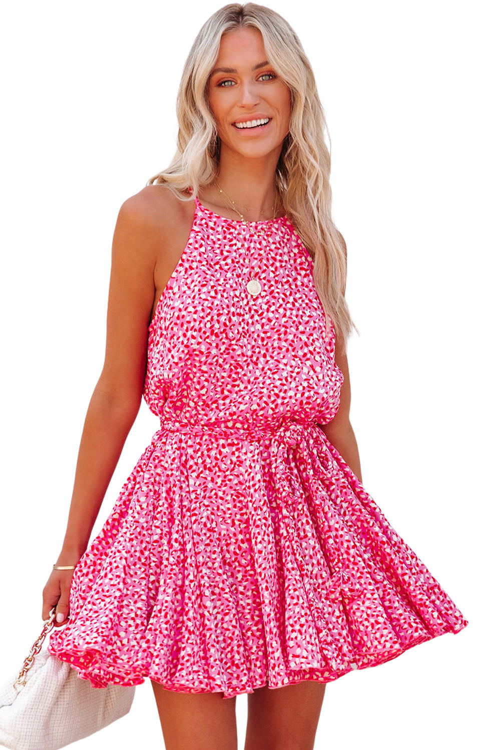 Mini-robe rose sans manches à imprimé léopard avec lien à la taille