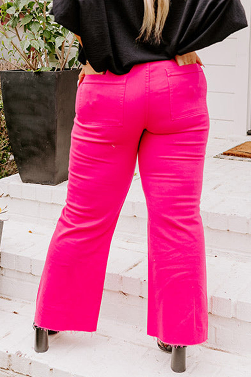 Rose Pantalon taille haute à jambe large et ourlet brut de couleur unie de grande taille