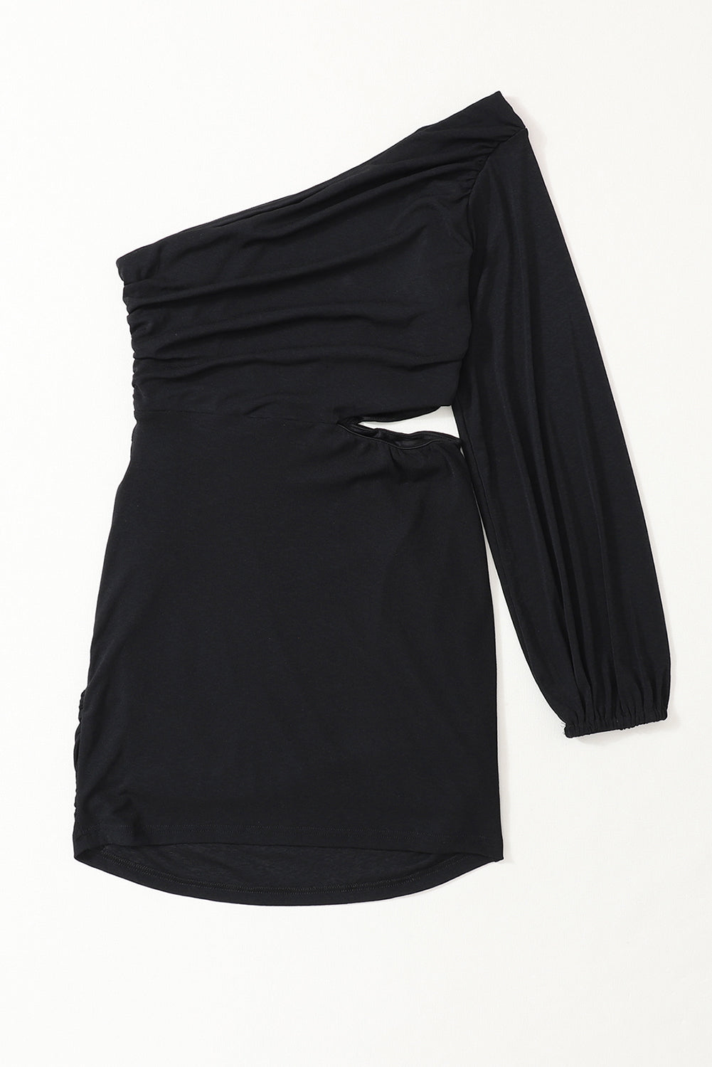 Črna asimetrična oprijeta obleka z izrezom na enem ramenu