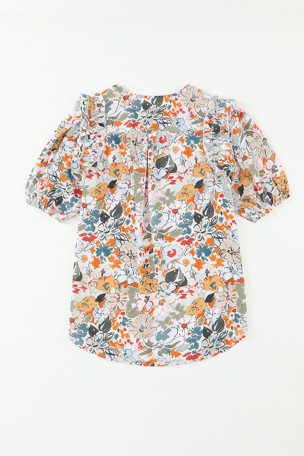 Mehrfarbige Bluse mit geteiltem V-Ausschnitt, Puffärmeln und Blumenmuster